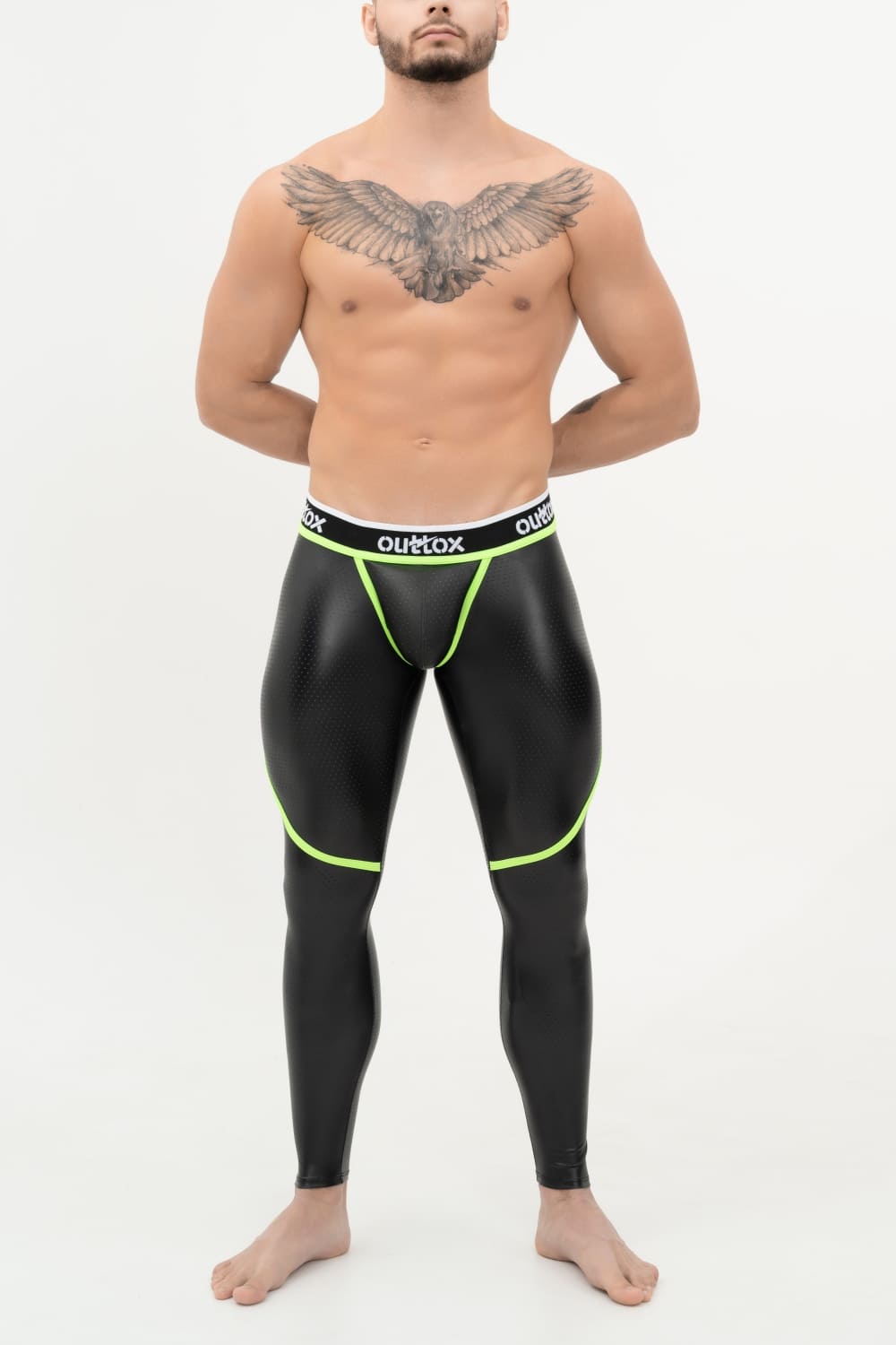 Outtox. Zip-Rear Leggings with Snap Codpiece. Black+Green 'Neon'