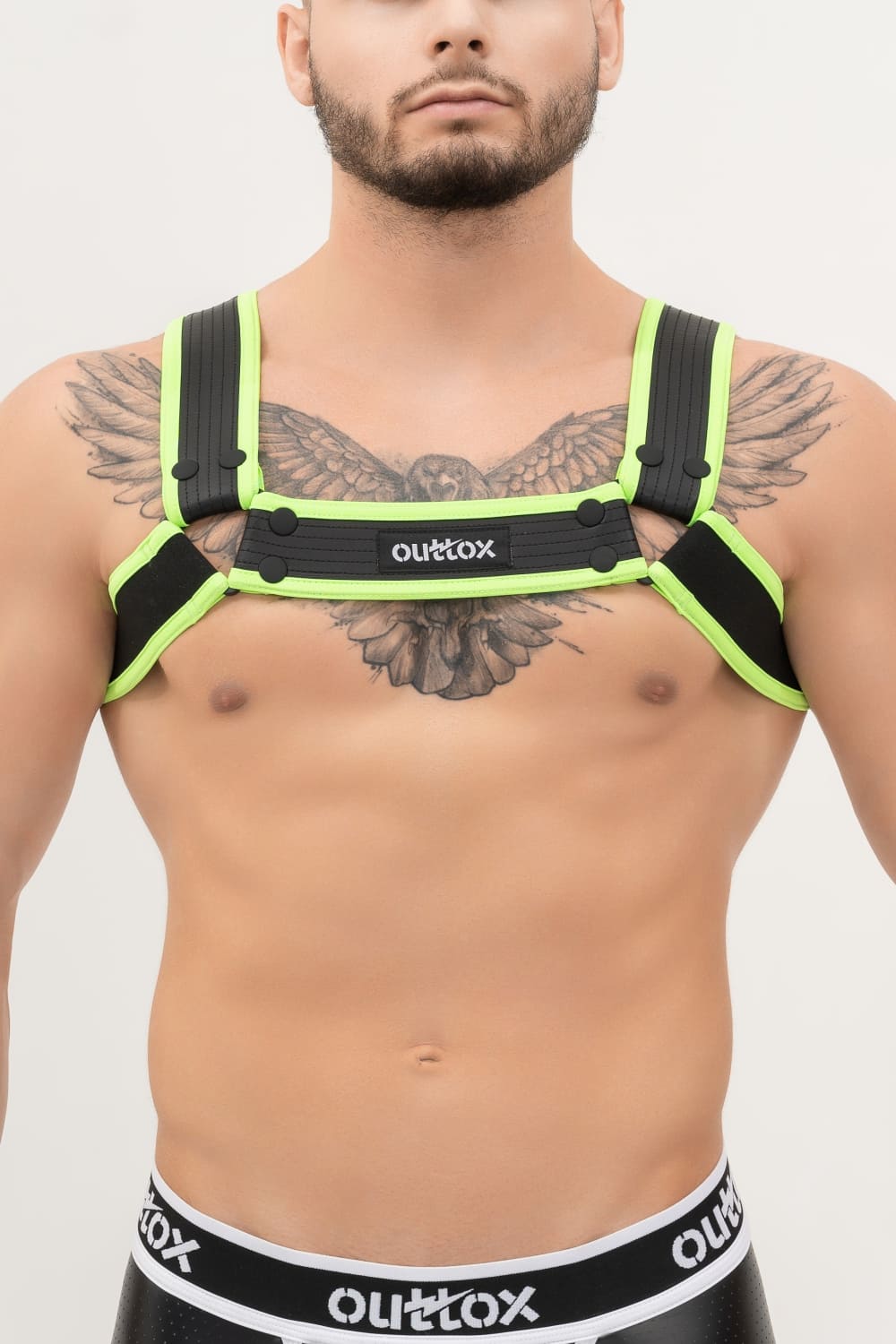 Outtox. Bulldog Harness with Snaps. Black+Green 'Neon'