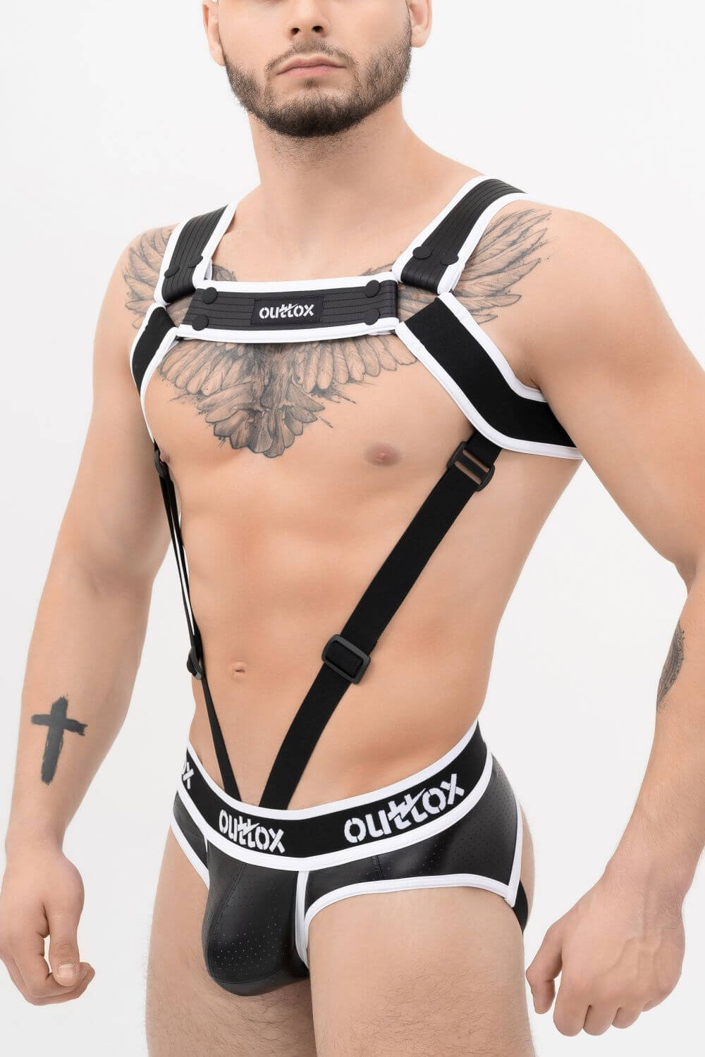 Outtox. Body Harness with Snaps. Black+White