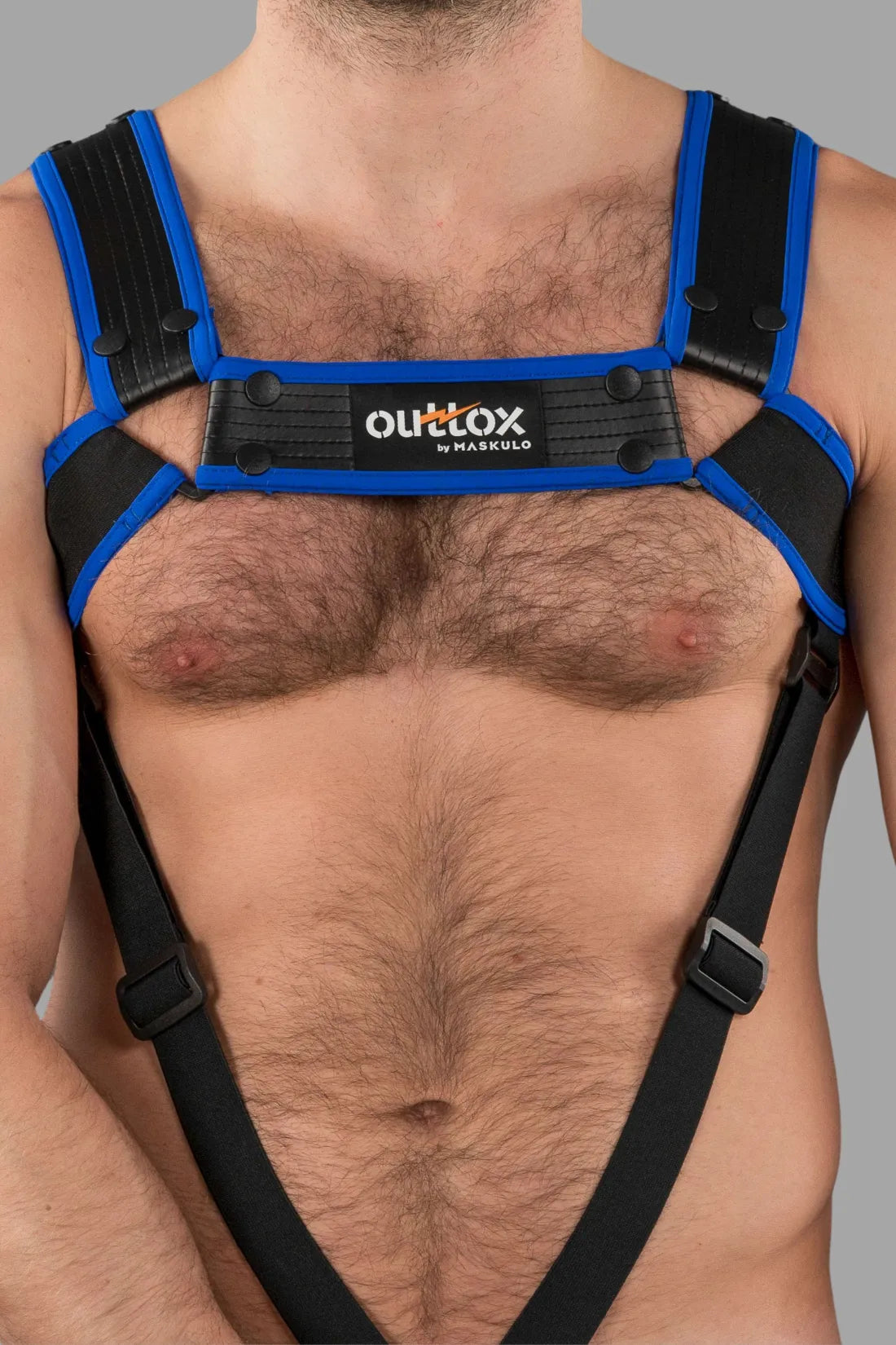 Outtox. Arnés corporal con broches. Negro y azul