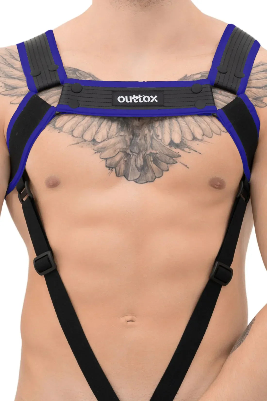 Outtox. Arnés corporal con broches. Negro y azul