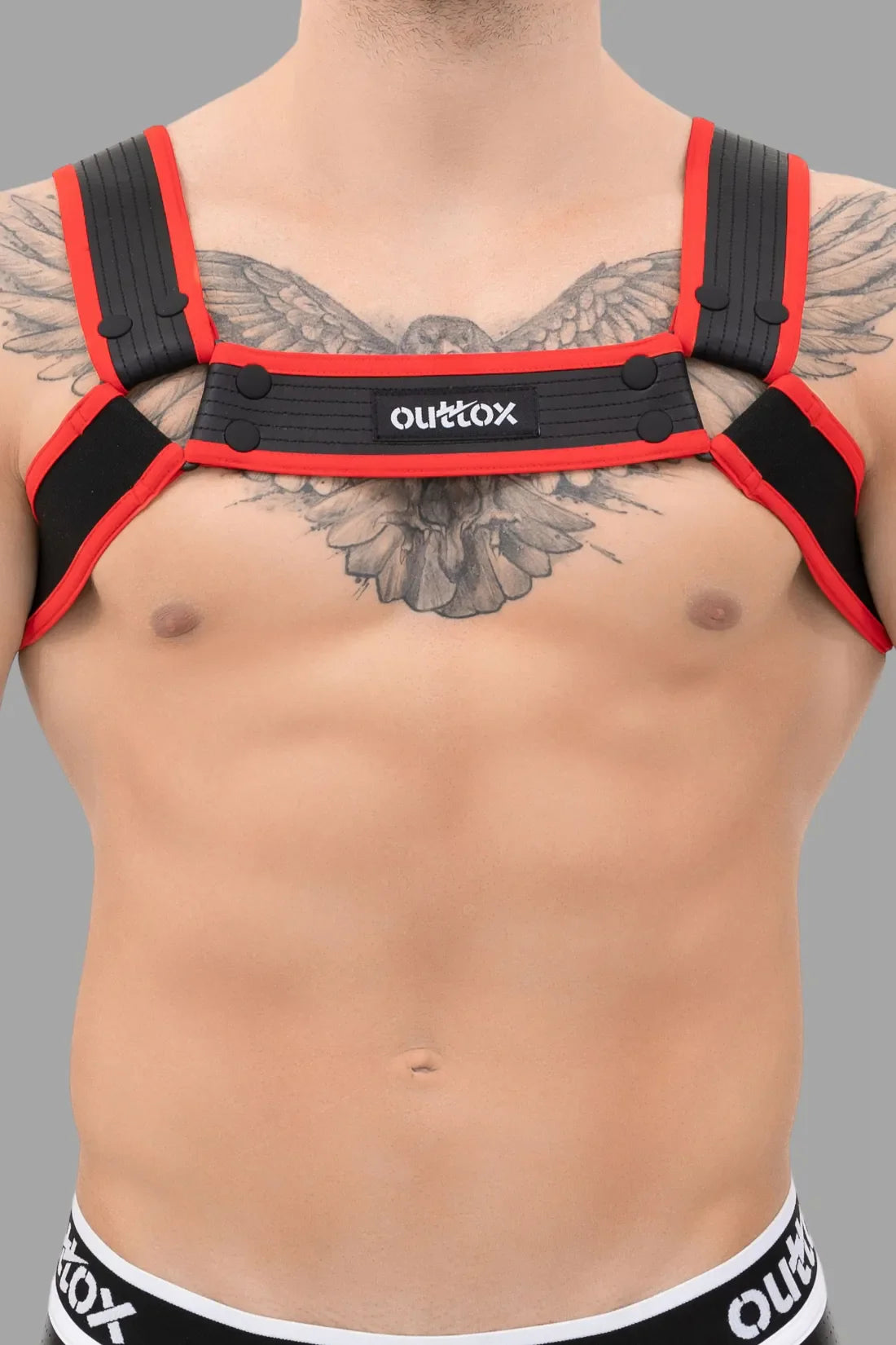 Outtox. Arnés para bulldog con broches. Negro y rojo