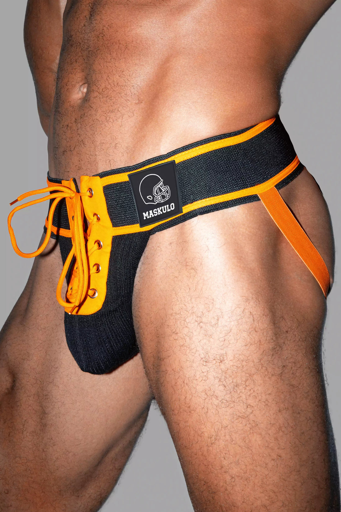 Matt Gridd-Iron, American Football Jockstrap. Zwart + Oranje