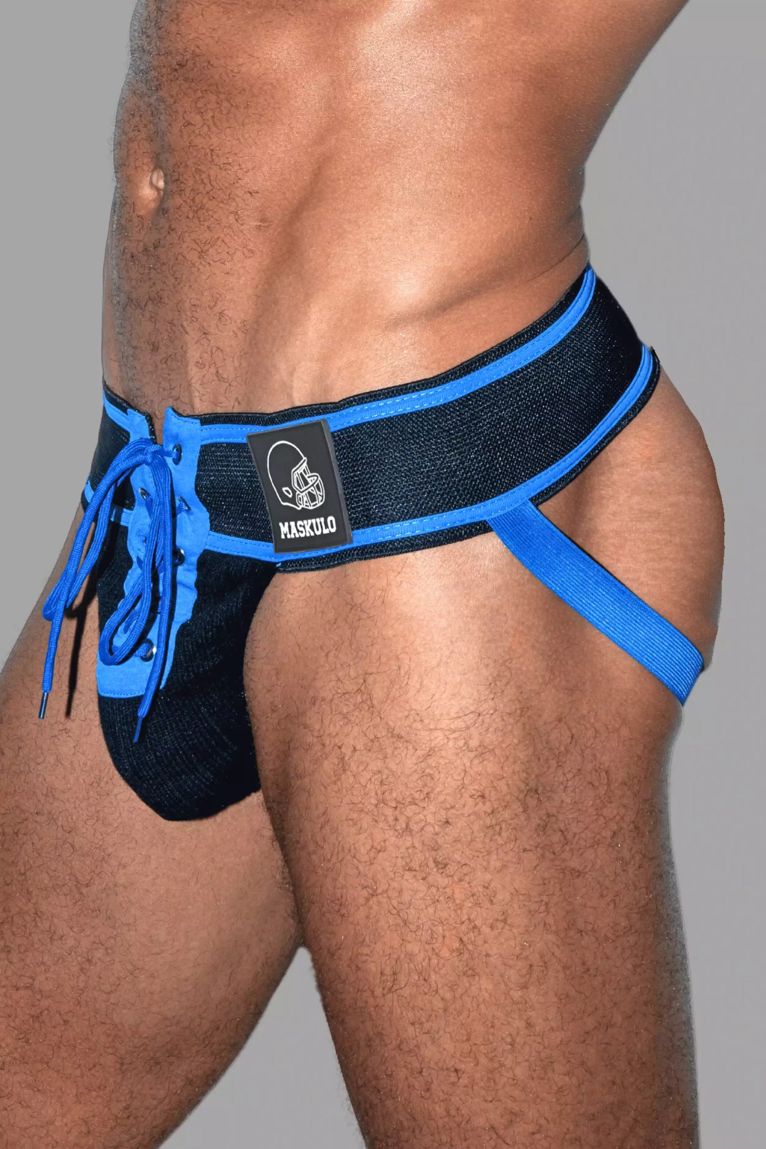 Liam Gridd-Iron, American Football Jockstrap. Zwart + Koningsblauw