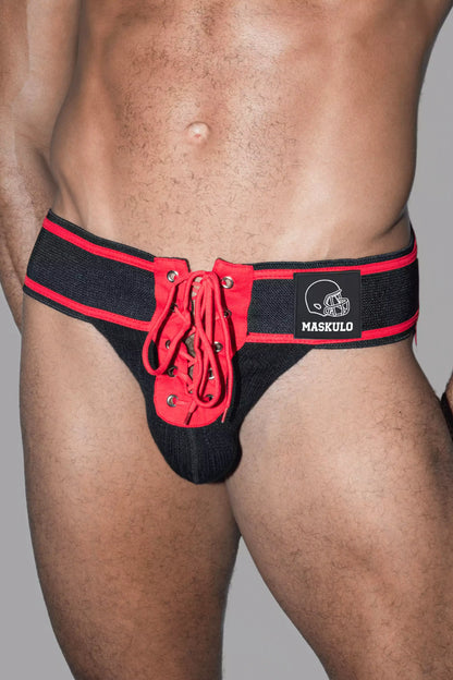 Jett Gridd-Iron, American Football Jockstrap. Zwart + Rood