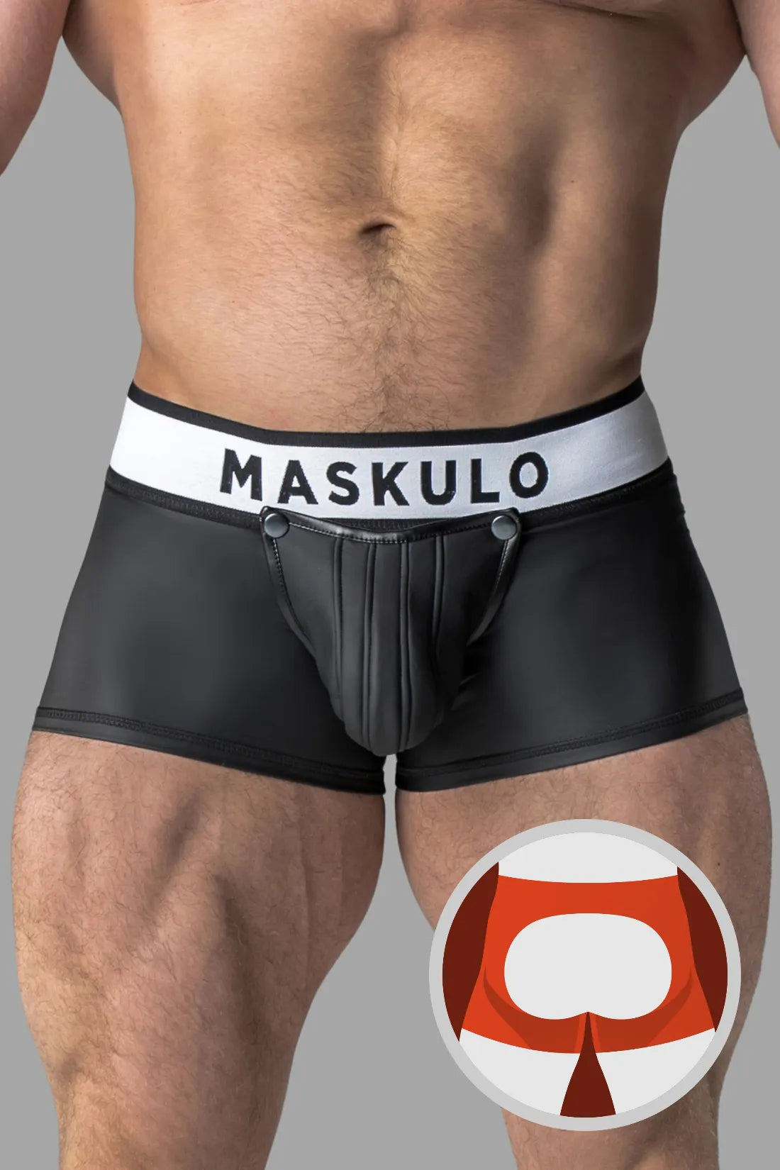 Trunkshort met rubberen look. Afneembaar zakje. Open achterkant