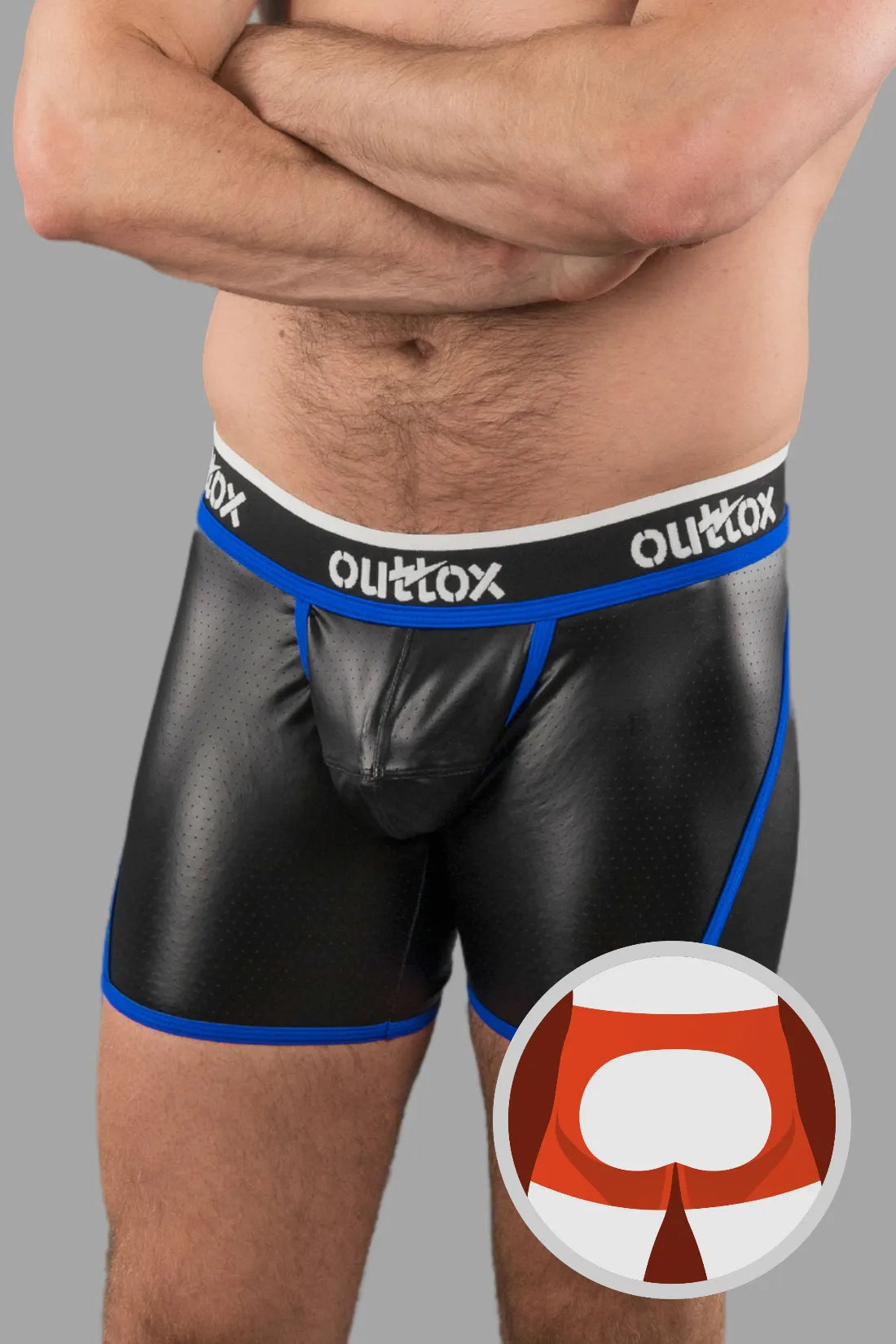 Outtox. Shorts traseiros abertos com tapa-sexo de pressão. Azul