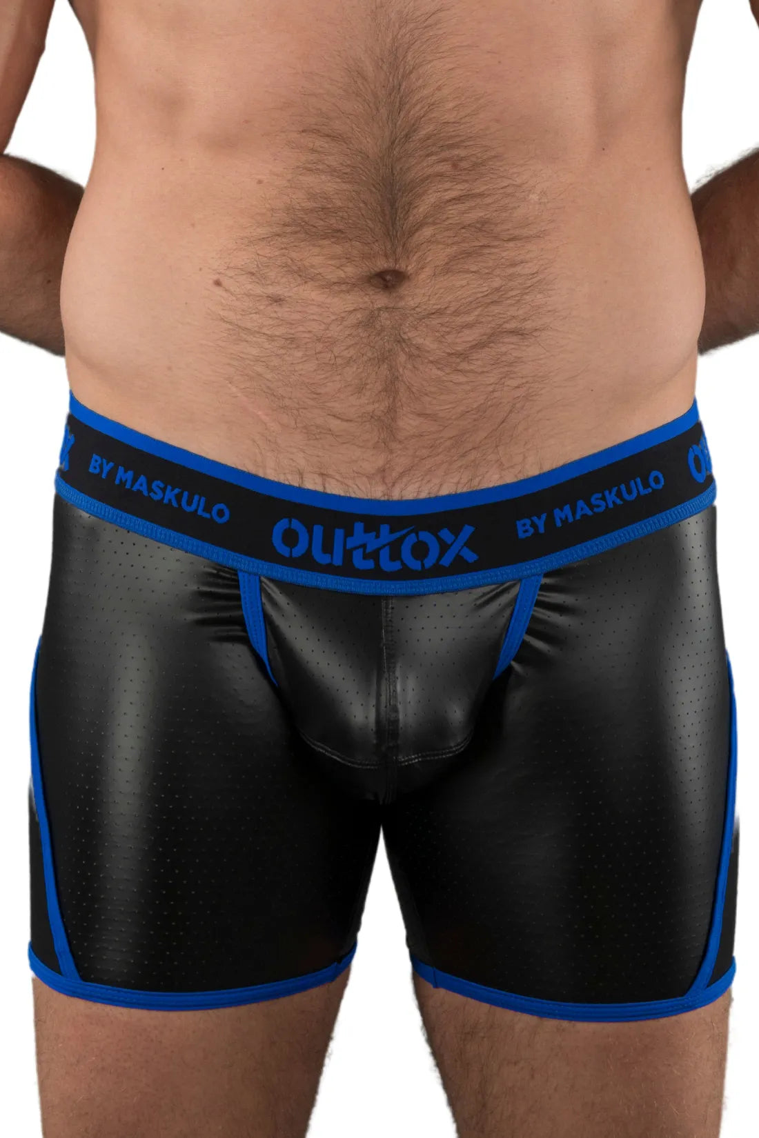 Outtox by Maskulo. Open Rear Shorts with Snap Codpiece. Blue