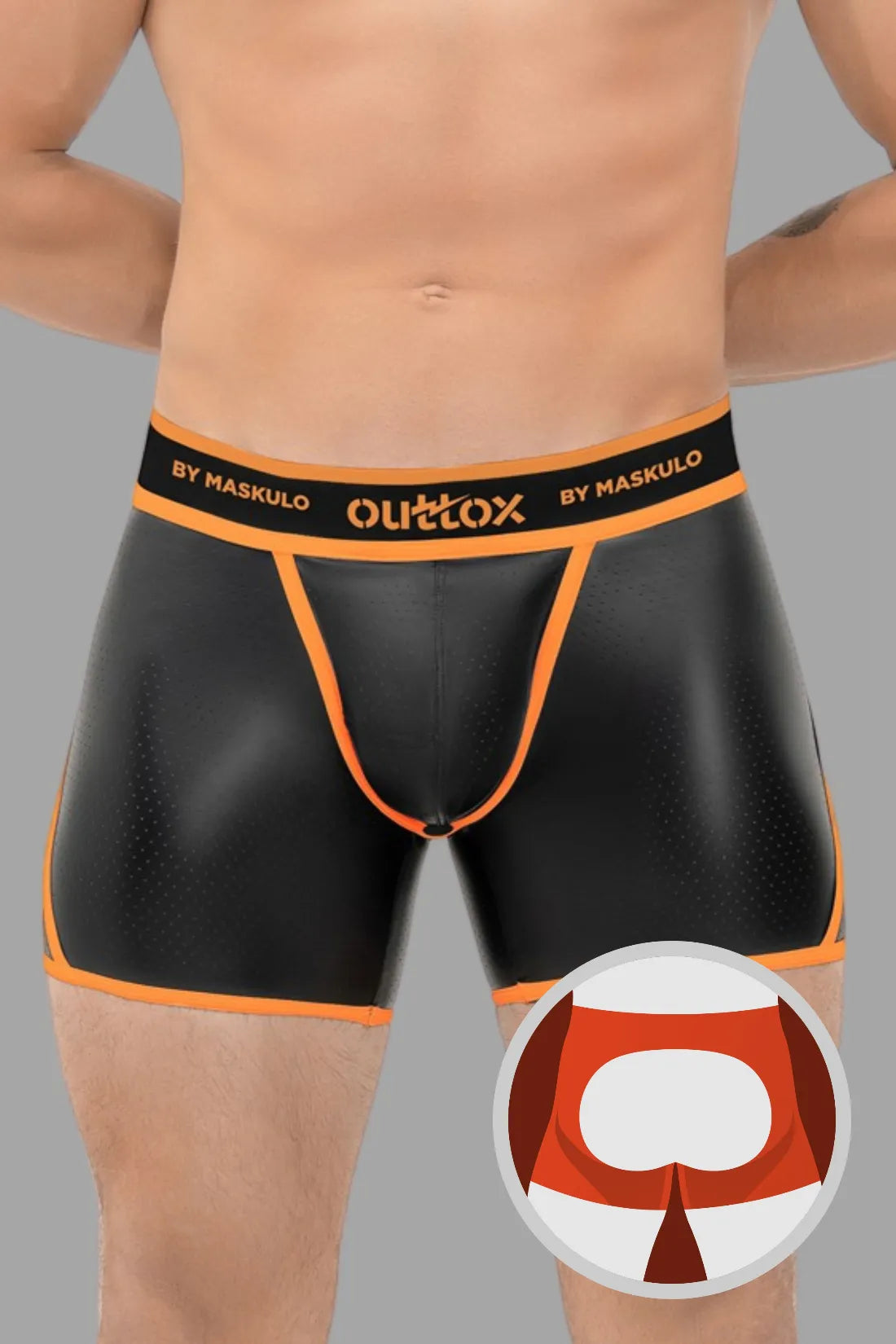 Outtox. Shorts traseiro aberto com braguilha de pressão. Preto e laranja