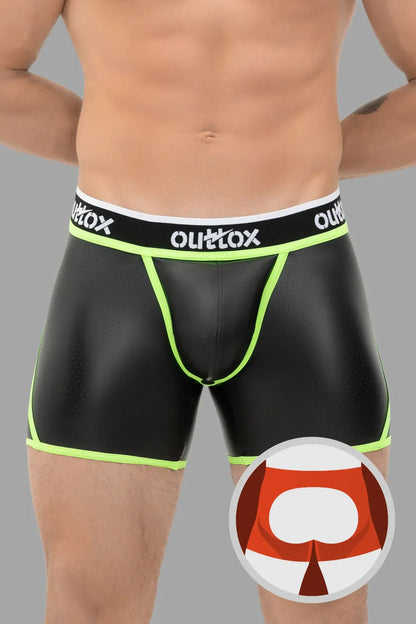 Outtox. Shorts mit offenem Rücken und Druckknopf-Codpiece