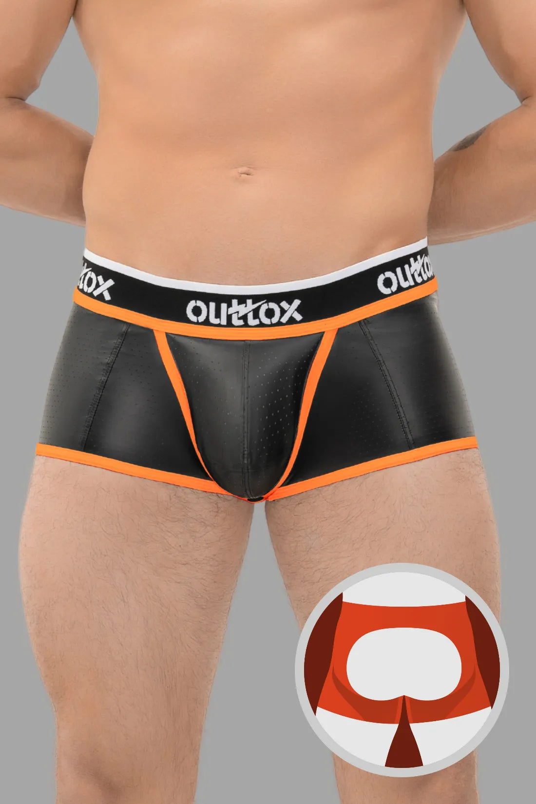 Outtox. Open Rear Trunk Shorts with Snap Codpiece. Black & Orange