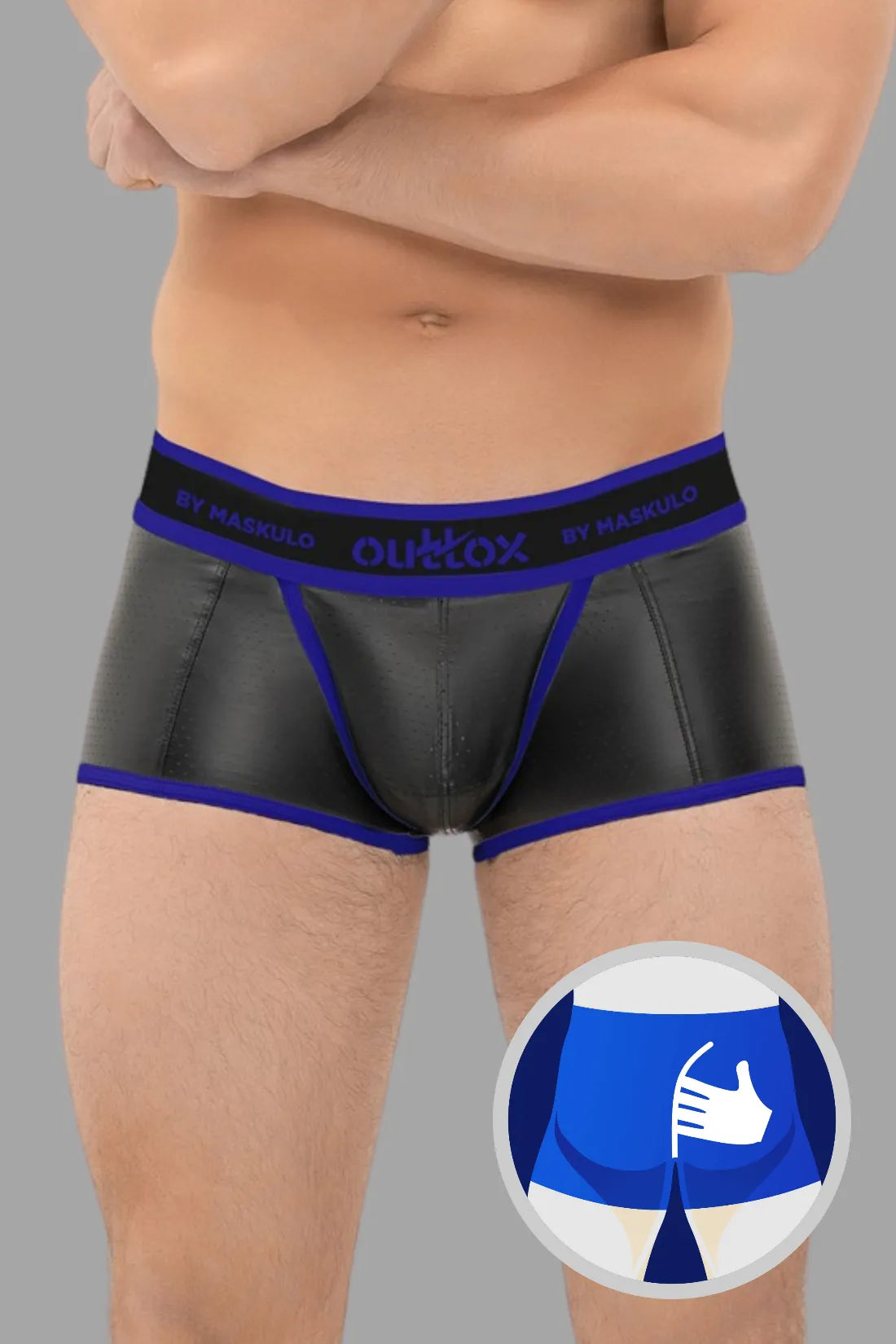 Outtox by Maskulo. Wrapped Rear Trunk Shorts with Snap Codpiece. Blue