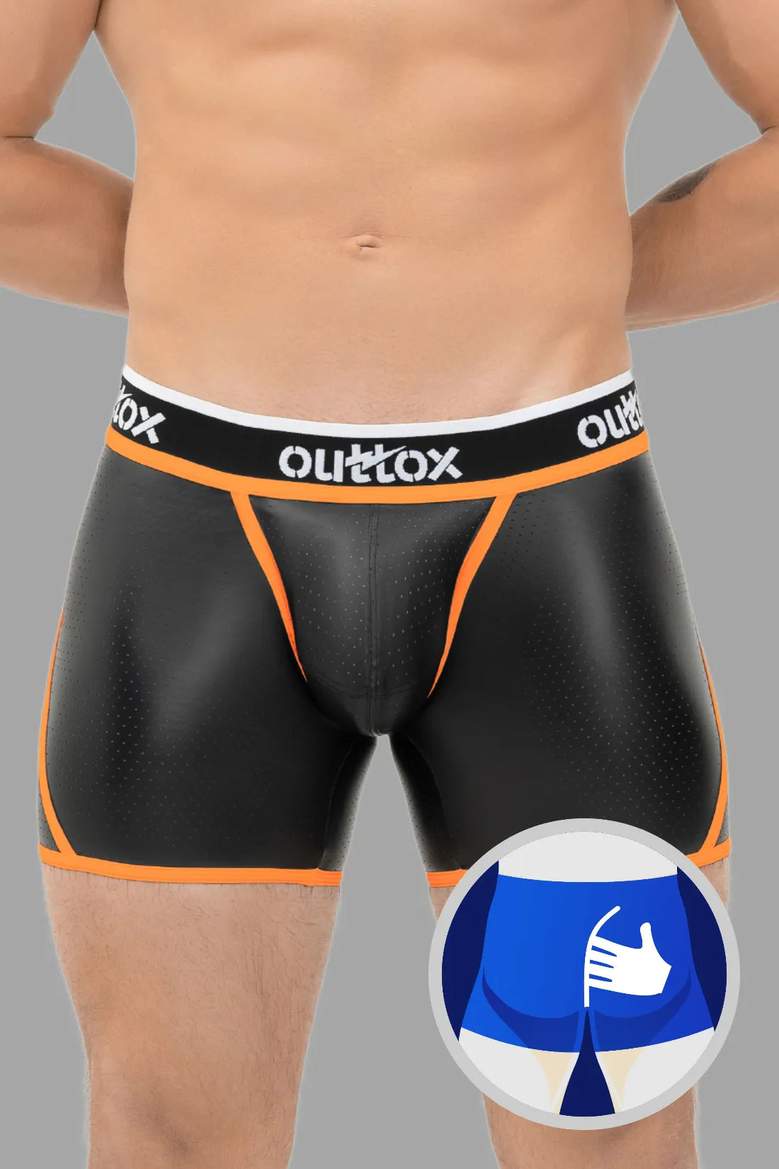 Outtox. Wrap-Rear Short Tights. Snap Codpiece. Black & Orange