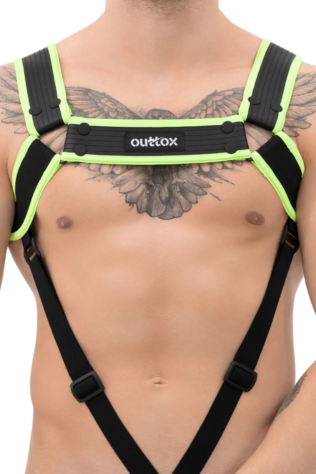 Outtox. Arnês de corpo com fechos de pressão. Preto e verde 'Neon'