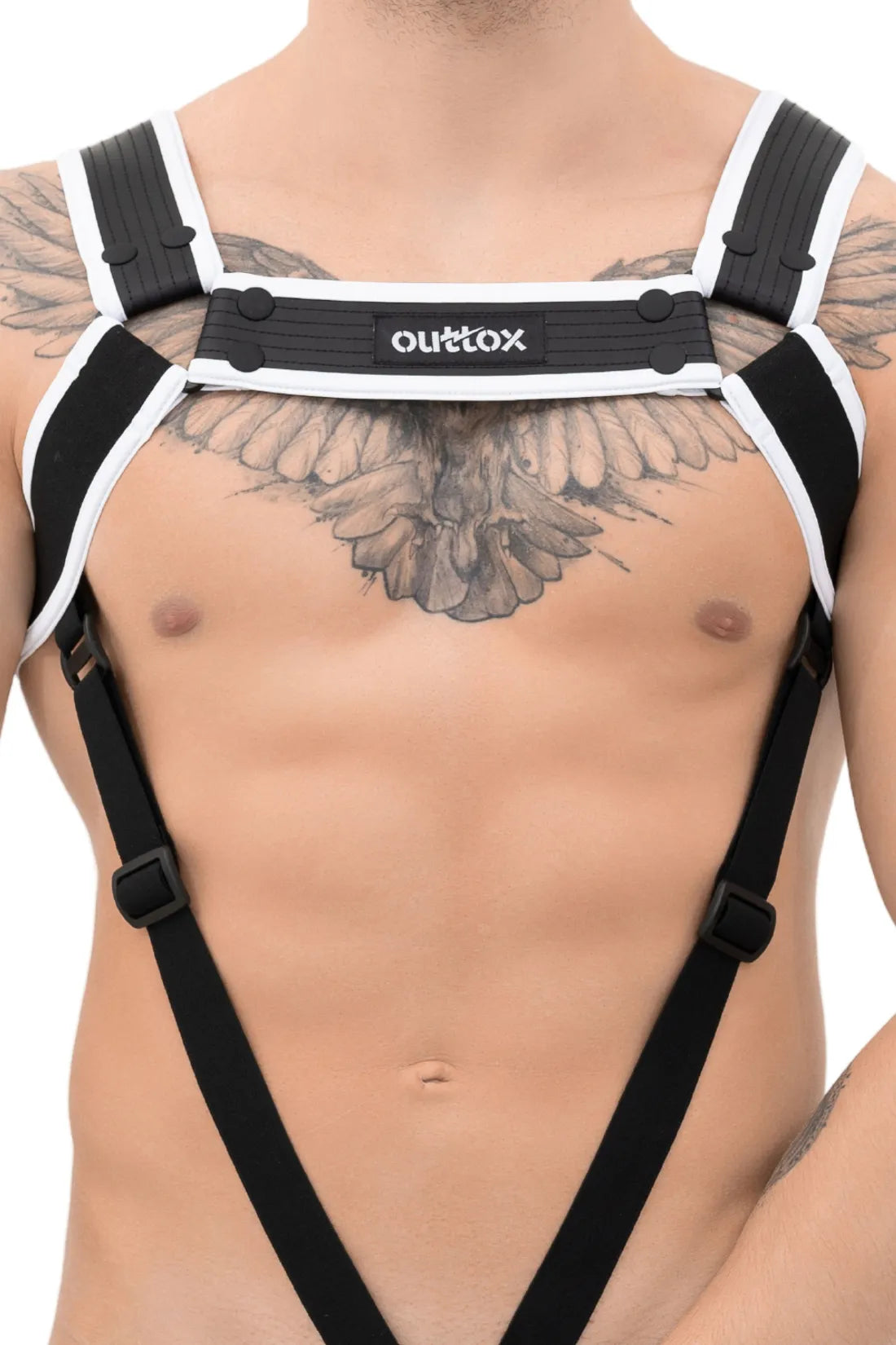 Outtox. Arnês de corpo com fechos. Preto e branco