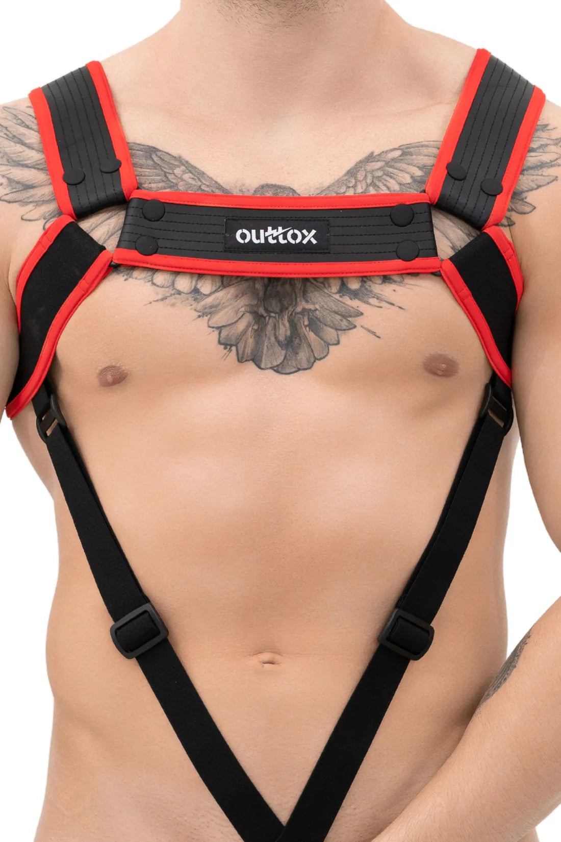 Outtox. Arnês de corpo com fechos. Preto e vermelho