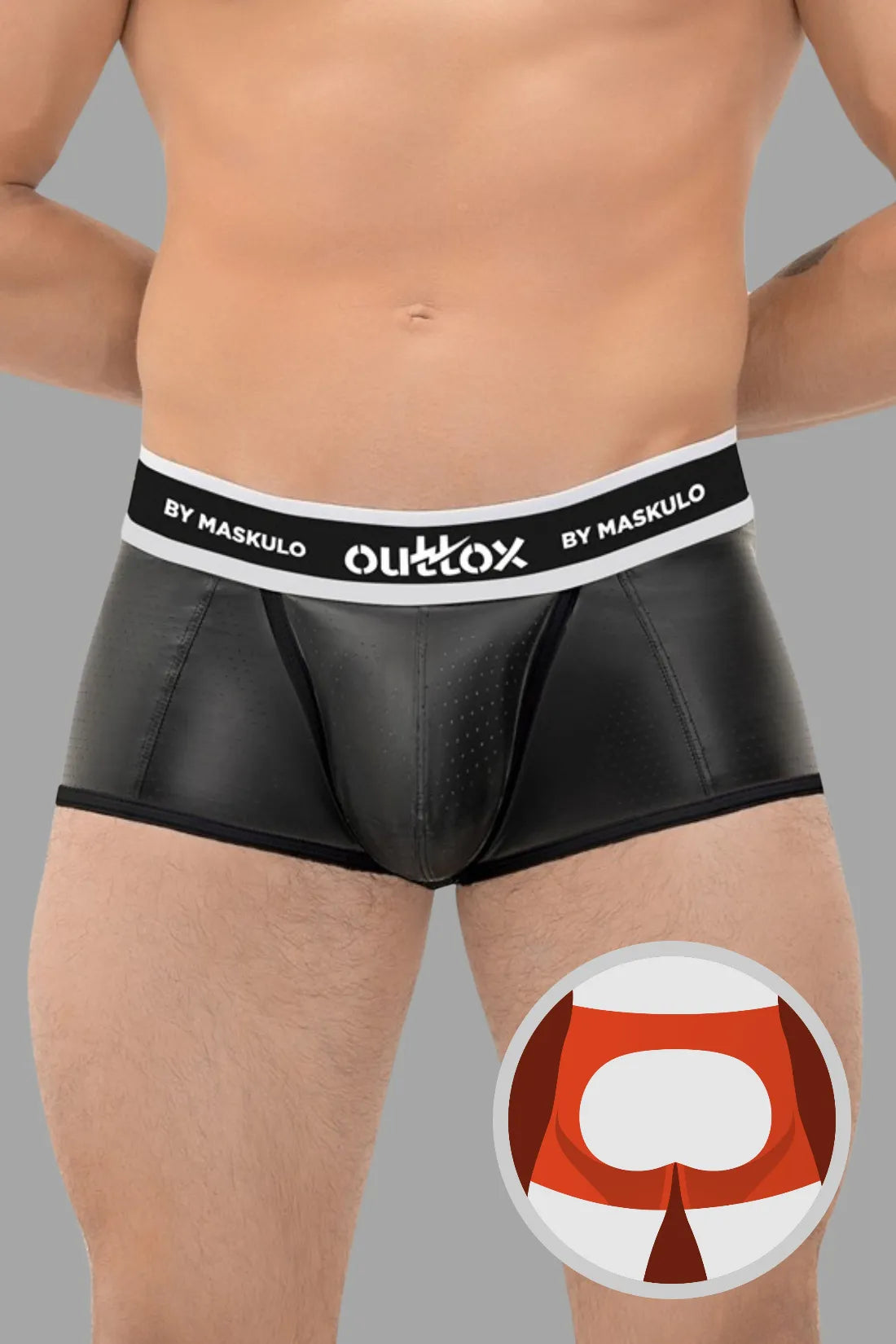 Outtox by Maskulo. Open Rear Trunk Shorts with Snap Codpiece. Black