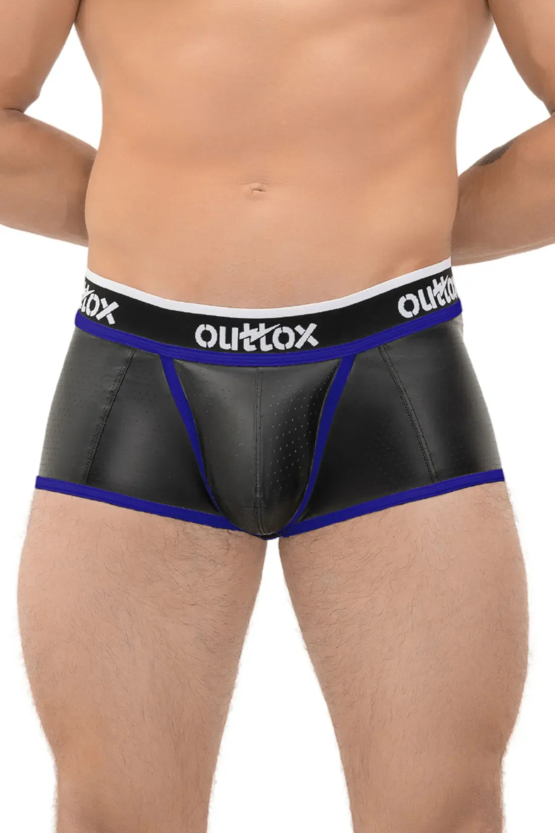 Outtox. Open Rear Trunk Shorts with Snap Codpiece. Black & Blue 'Royal'