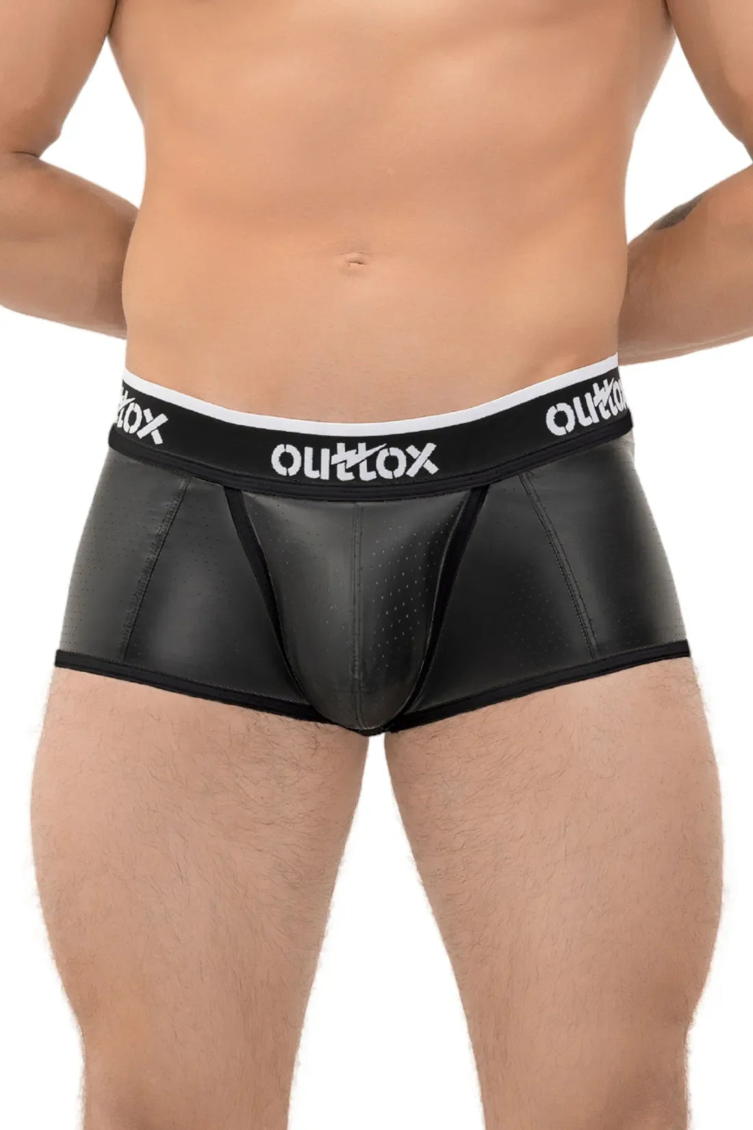 Outtox. Shorts de tronco traseiro aberto com tapa-sexo de pressão. Preto