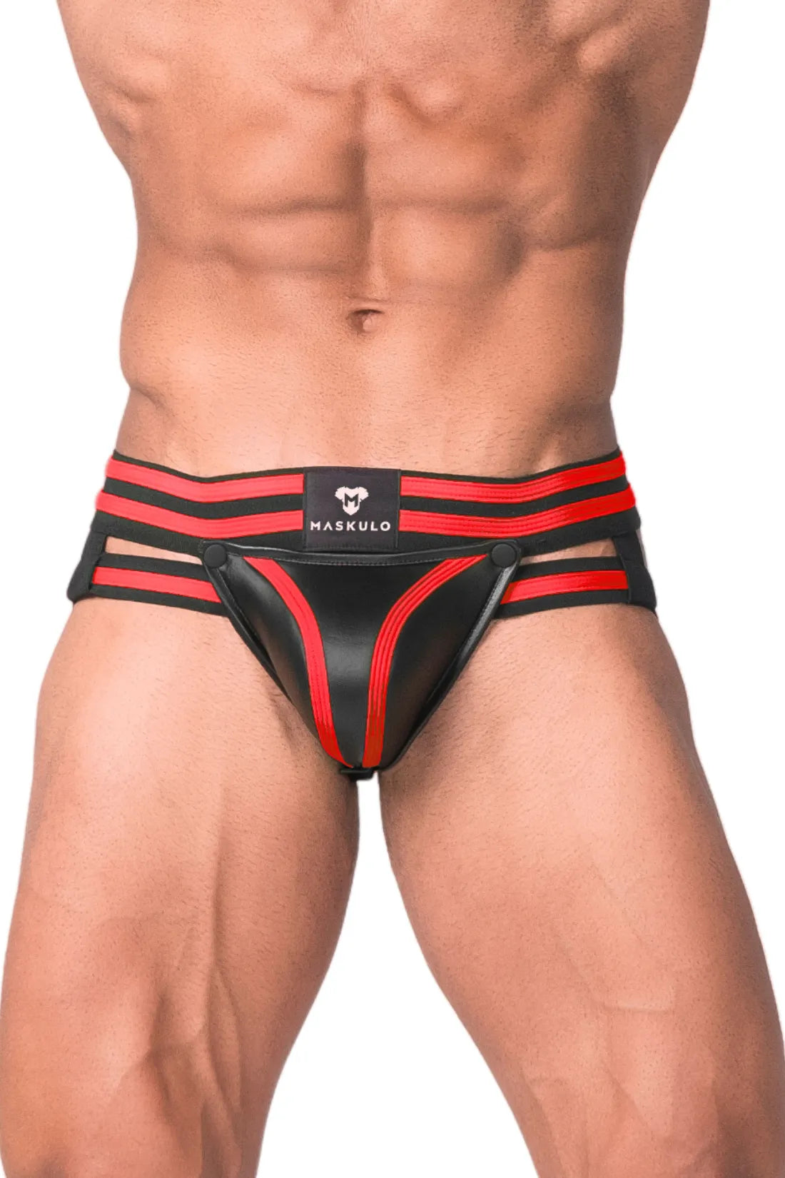 Youngero Geração Y. Jock Fetiche Masculino. Codpiece. Preto e Vermelho