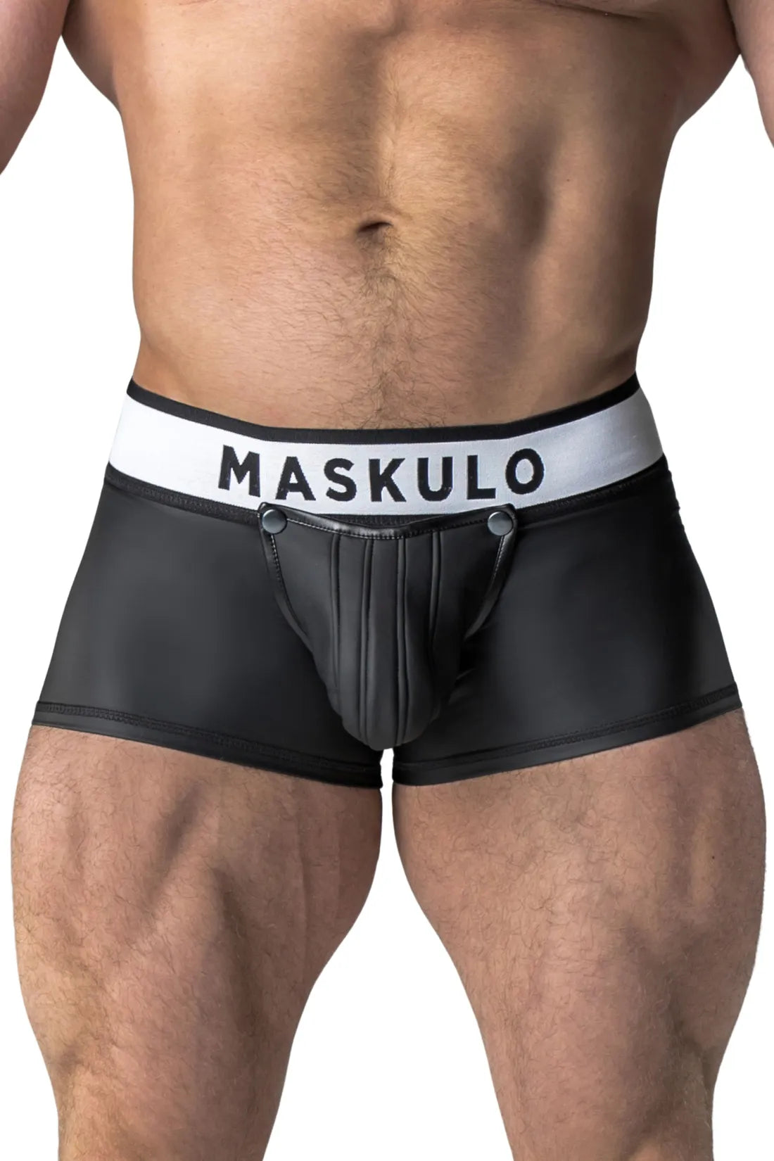 Trunkshort met rubberen look. Afneembaar zakje. Open achterkant