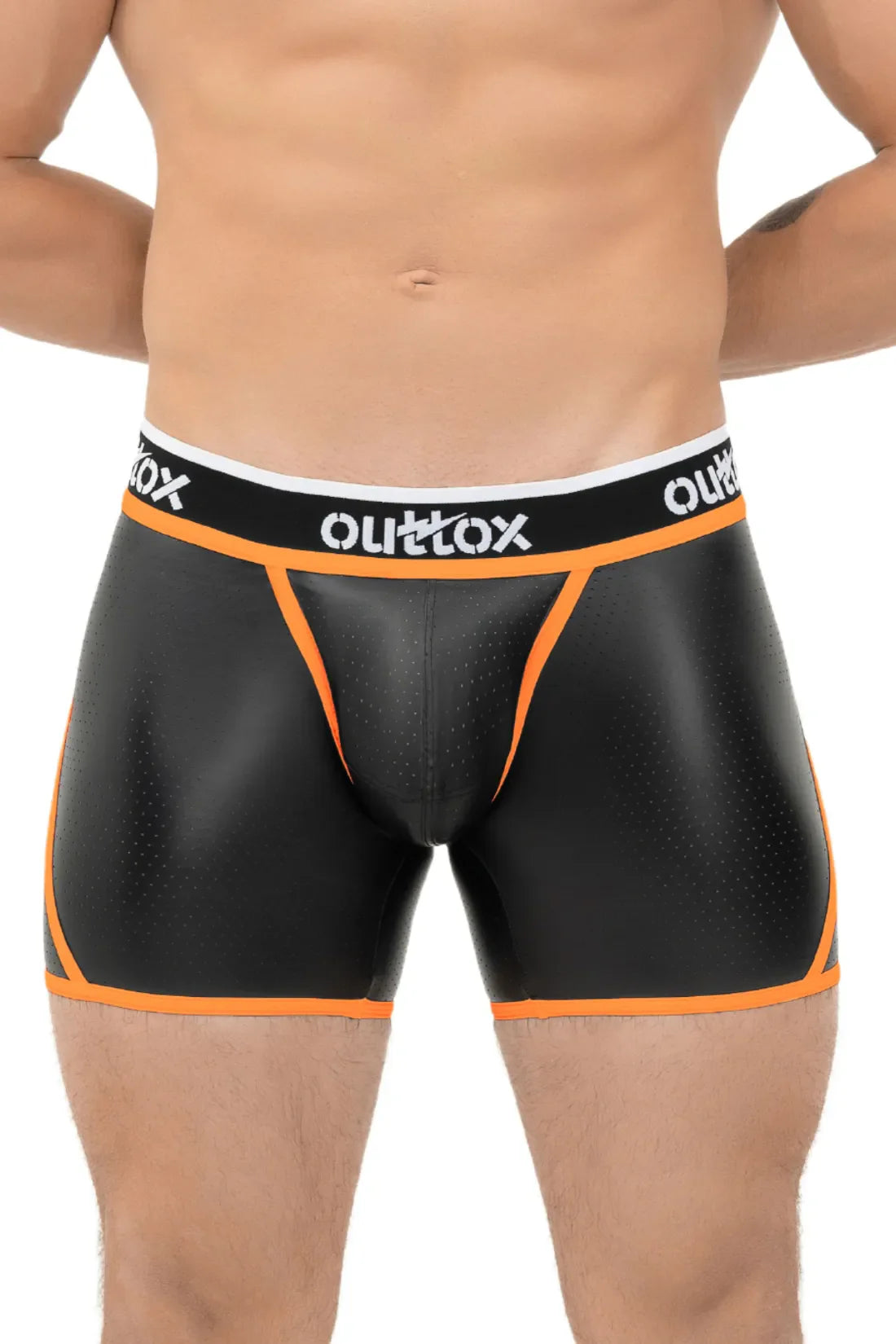 Outtox. Meia-calça curta Wrap-Rear. Tapa-sexo de pressão. Preto e laranja