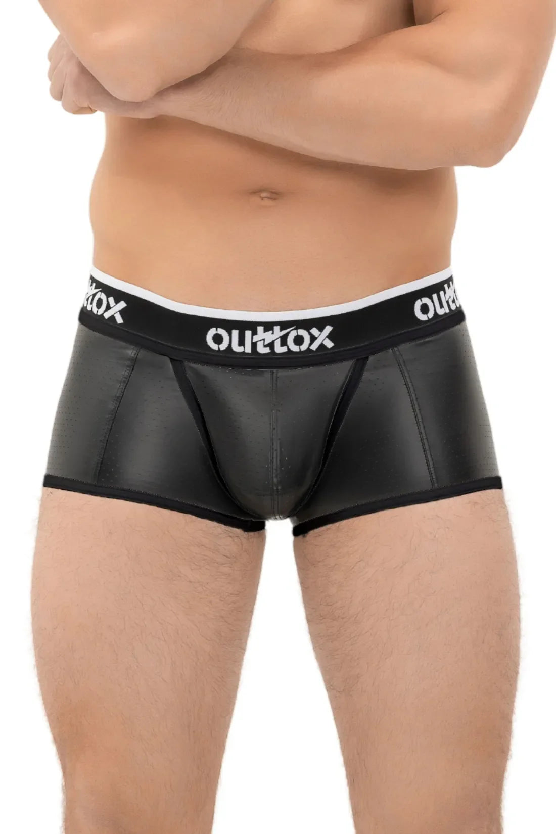 Outtox by Maskulo. Wrapped Rear Trunk Shorts with Snap Codpiece. Black