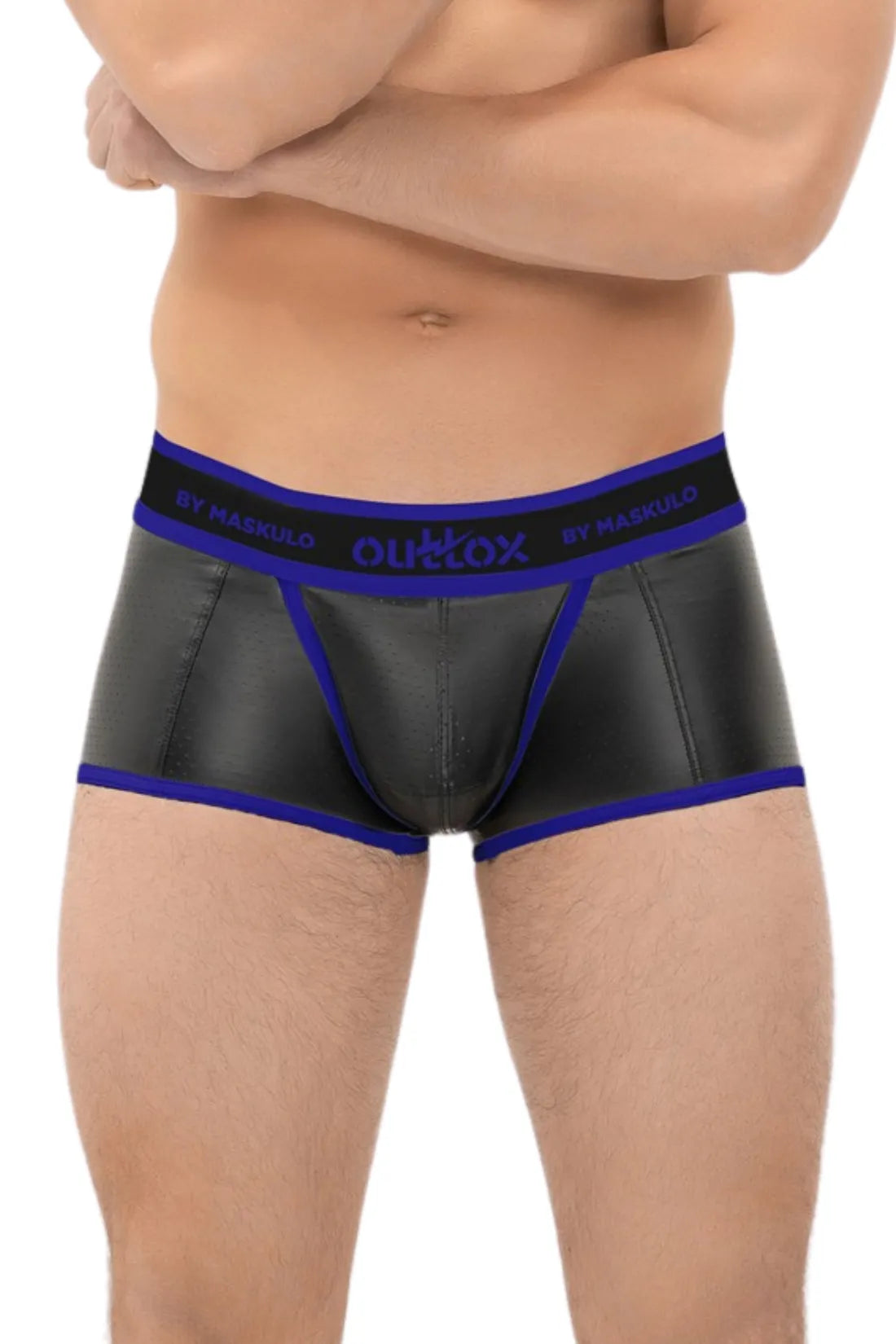 Outtox. Wrapped Rear Trunk Shorts with Snap Codpiece. Black & Blue 'Royal'