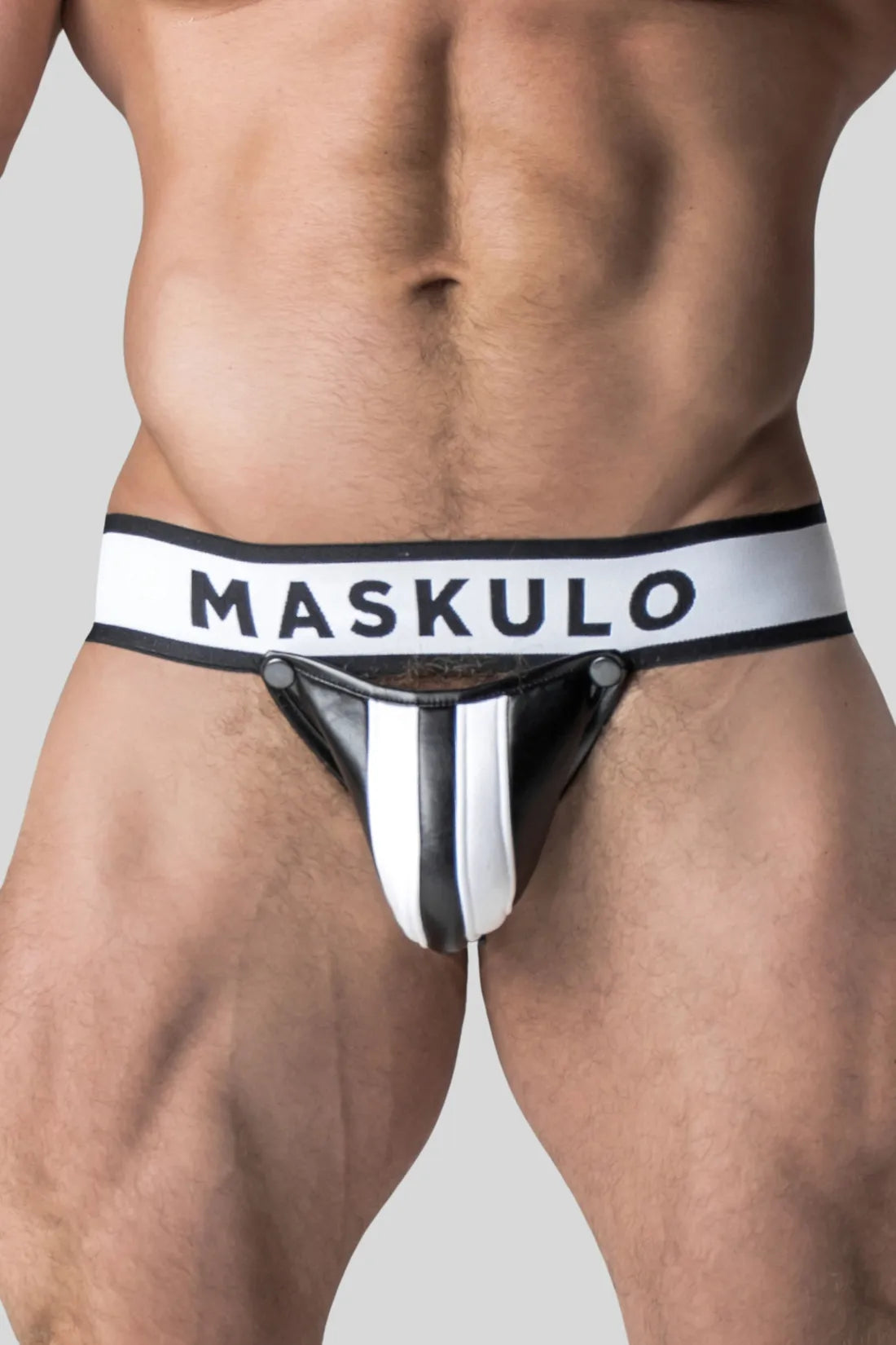 Armored. Suspensorio fetiche para hombre. Codpiece desmontable. Blanco y Negro