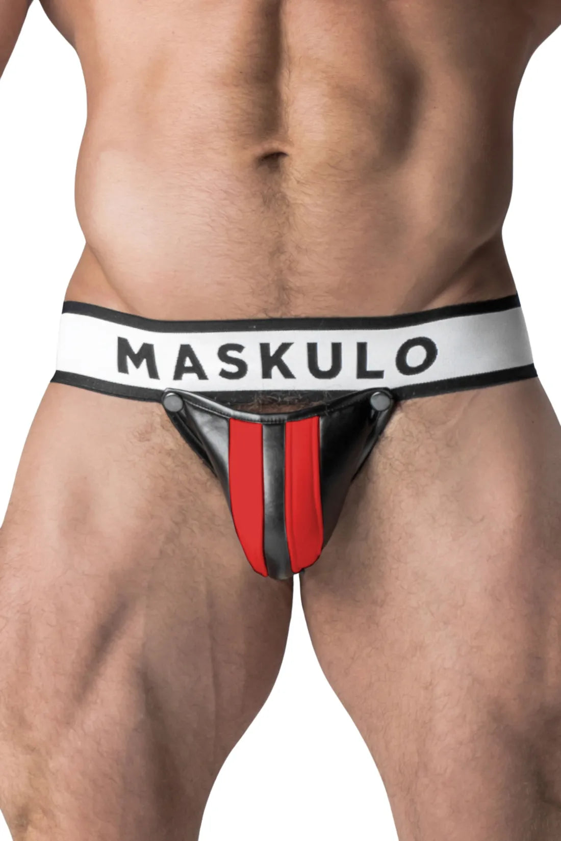 Armored. Suspensorio fetiche para hombre. Codpiece desmontable. Negro y Rojo