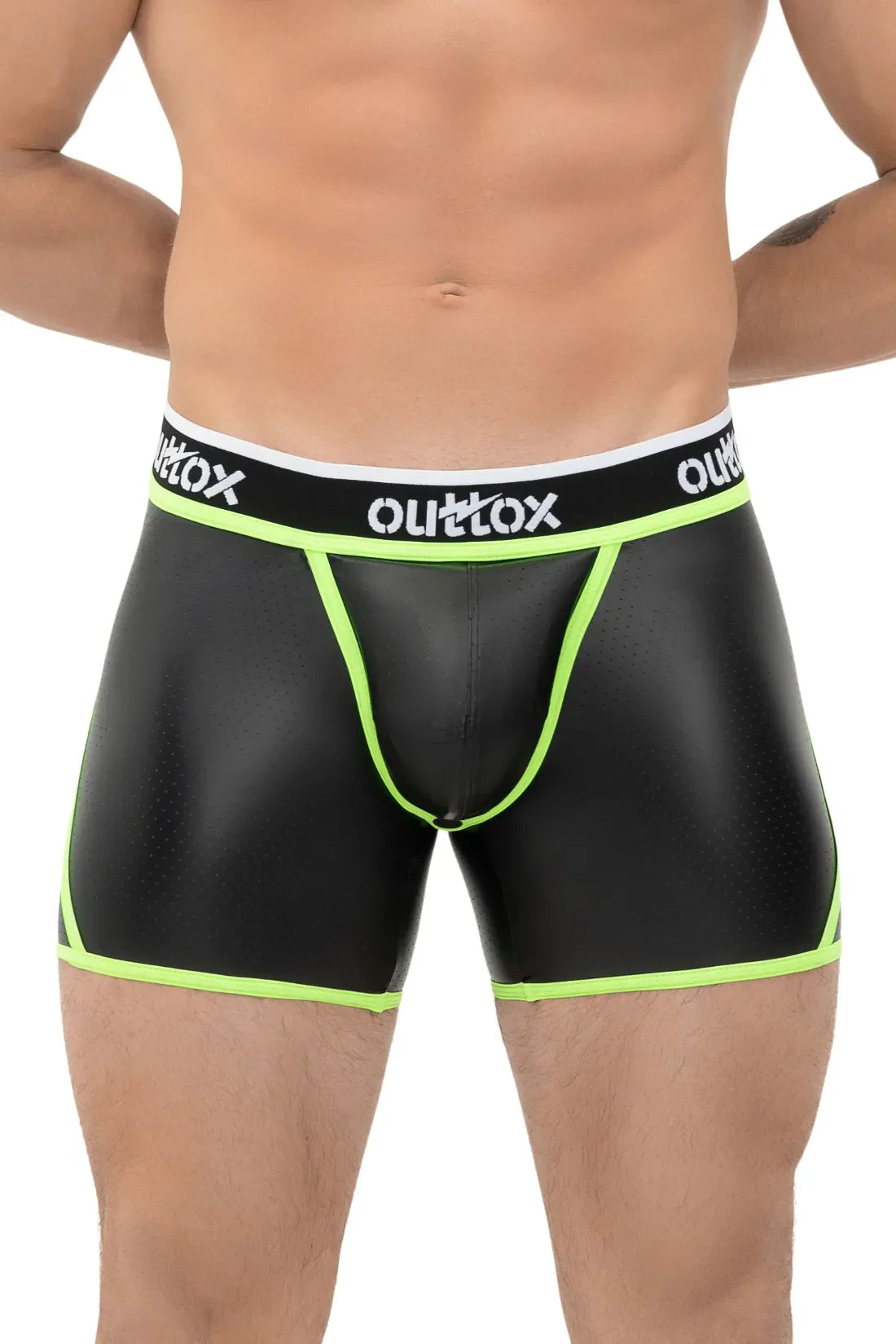 Outtox. Shorts mit offenem Rücken und Druckknopf-Codpiece