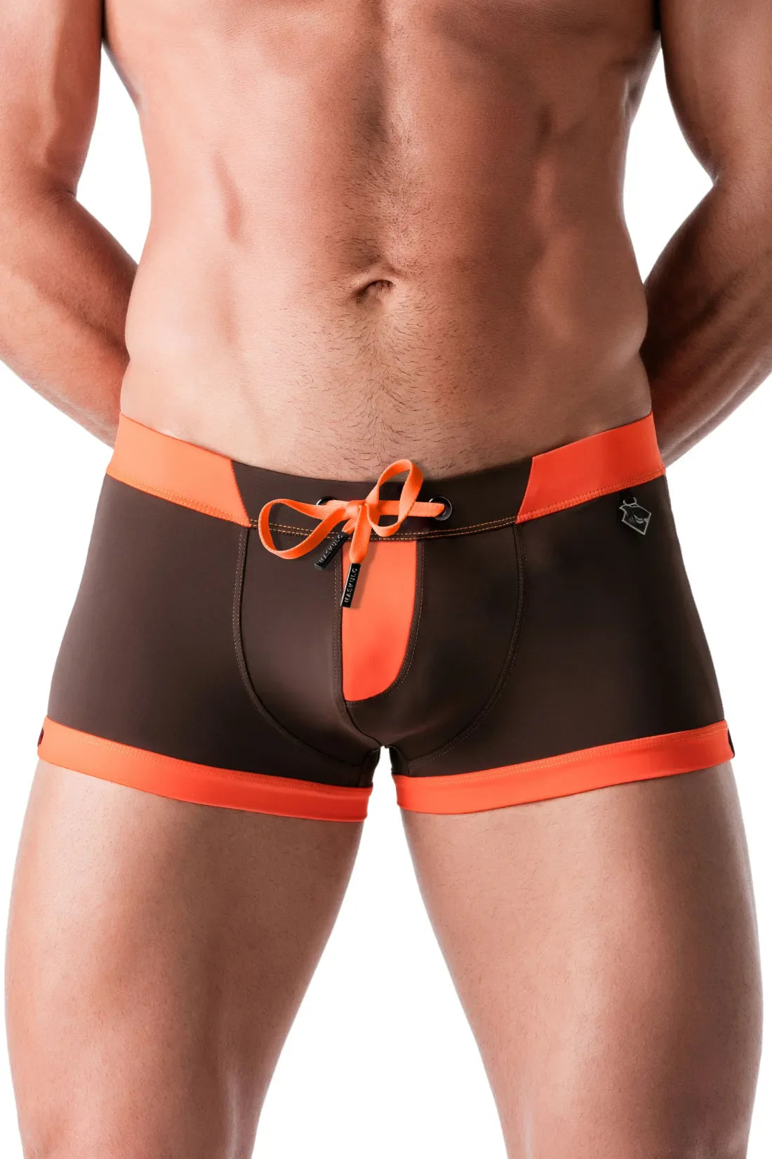 Swimming Trunk Shorts with Zip Imitation on the Front. Brown & Orange