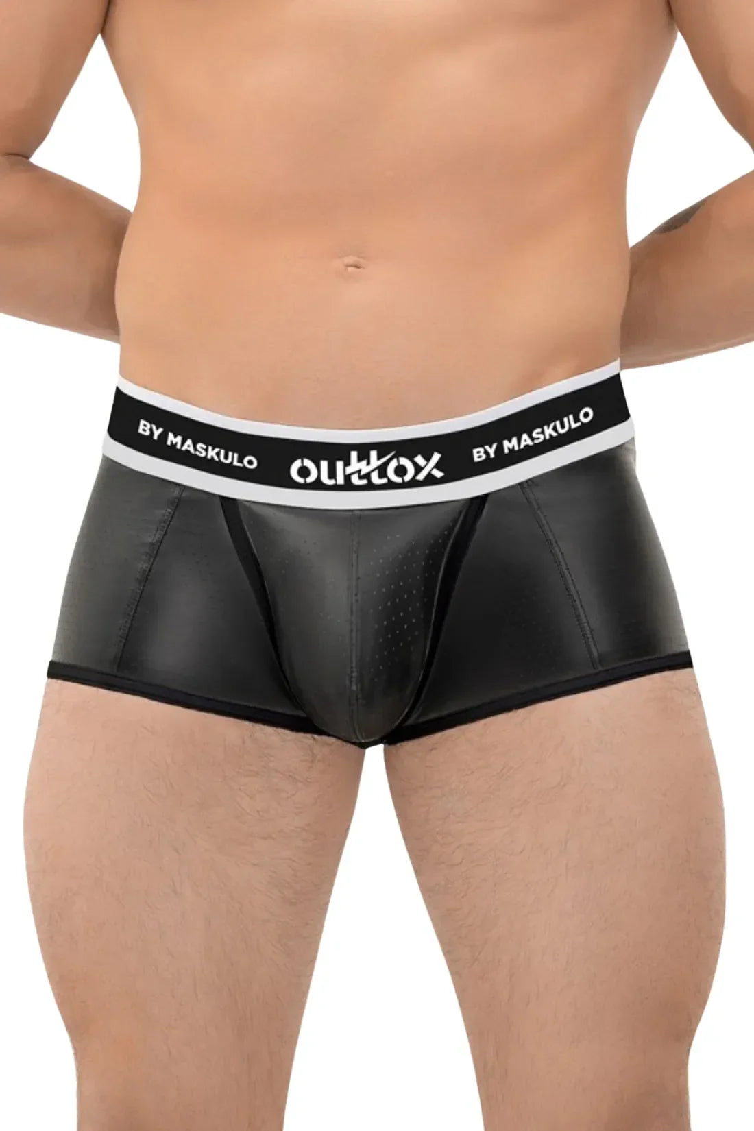 Outtox by Maskulo. Open Rear Trunk Shorts with Snap Codpiece. Black