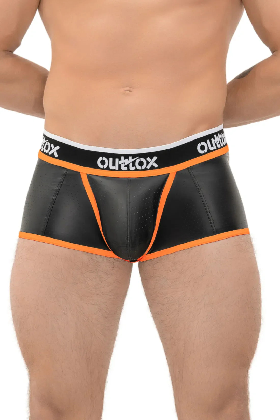 Outtox. Open Rear Trunk Shorts with Snap Codpiece. Black & Orange