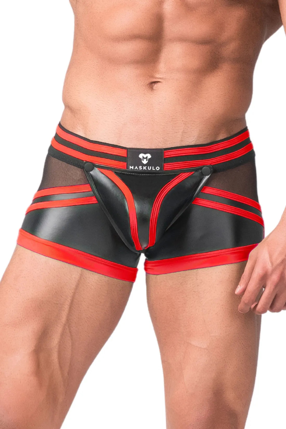 Youngero Generation Y. Men's Trunk Shorts. Codpiece. Zippered Rear. Black & Red