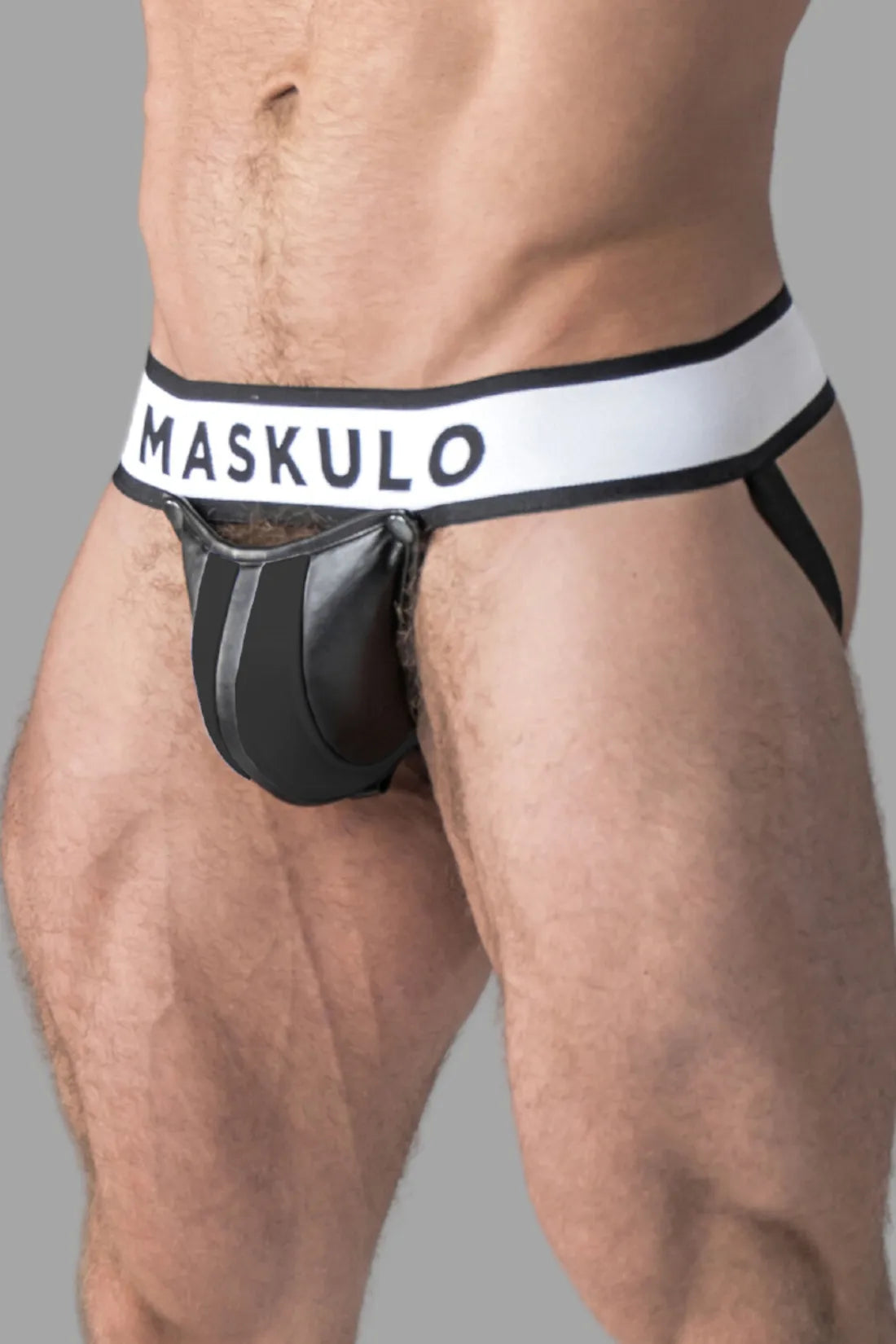 Armored. Suspensorio fetiche para hombre. Con bragueta desmontable. Blanco y Negro