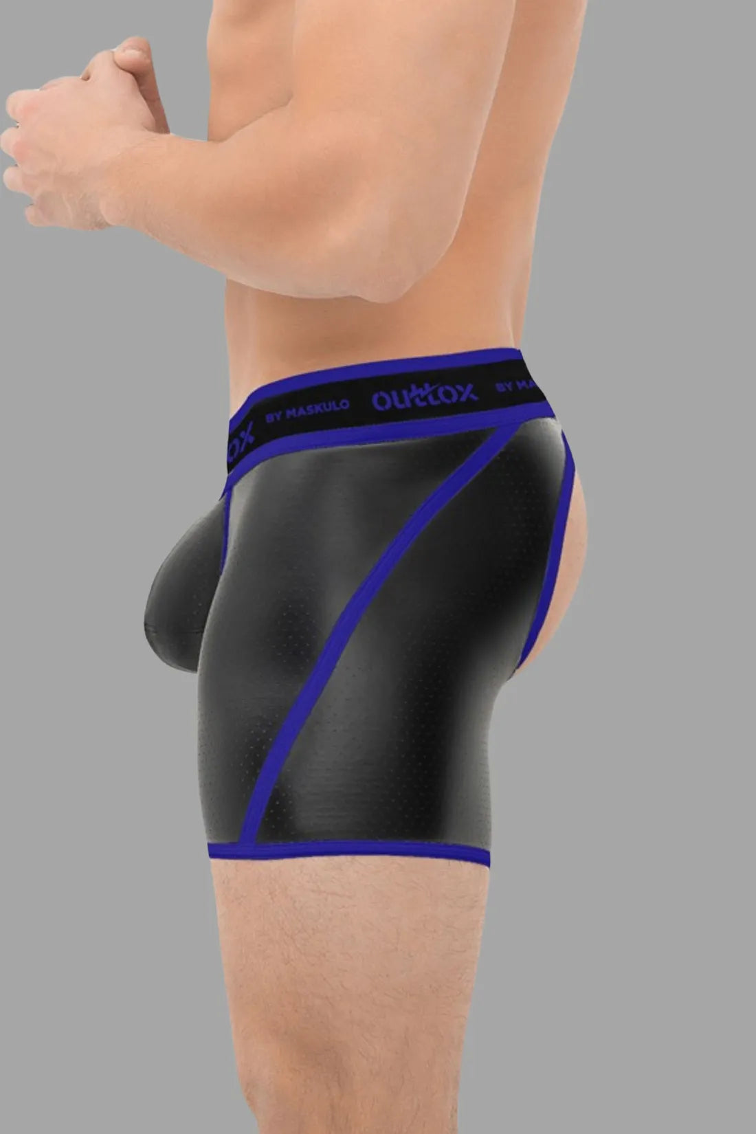 Outtox by Maskulo. Open Rear Shorts with Snap Codpiece. Blue