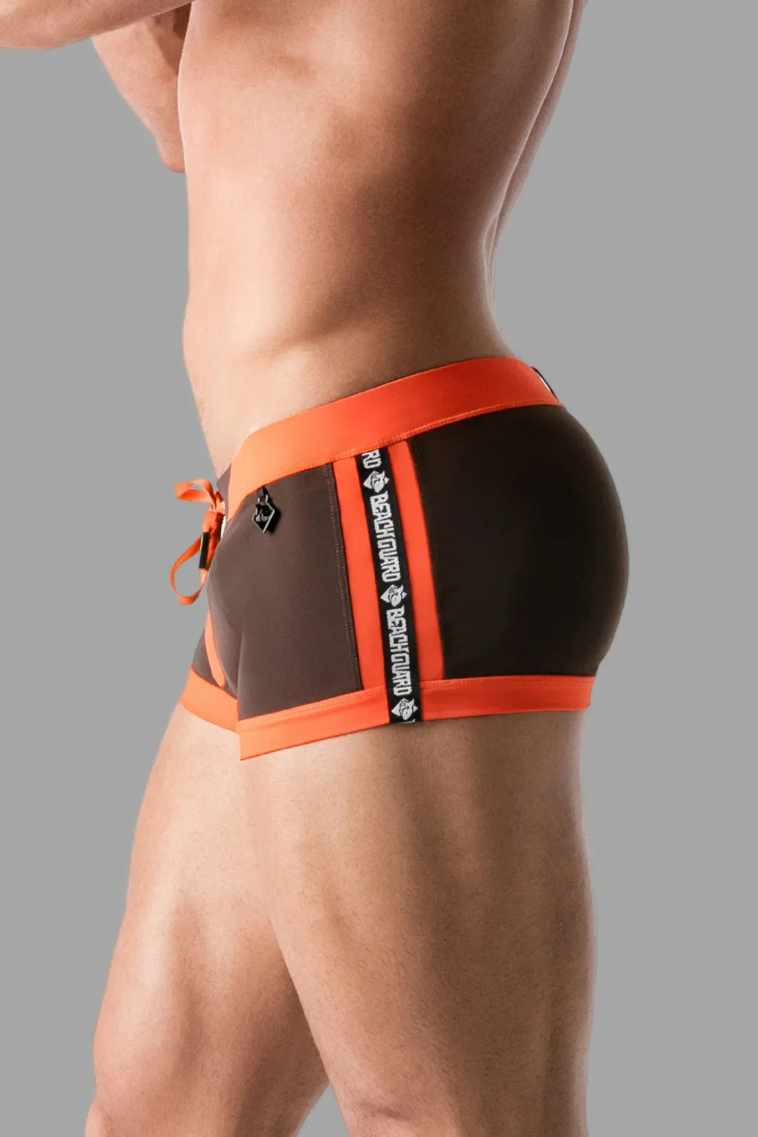 Swimming Trunk Shorts with Zip Imitation on the Front. Brown & Orange