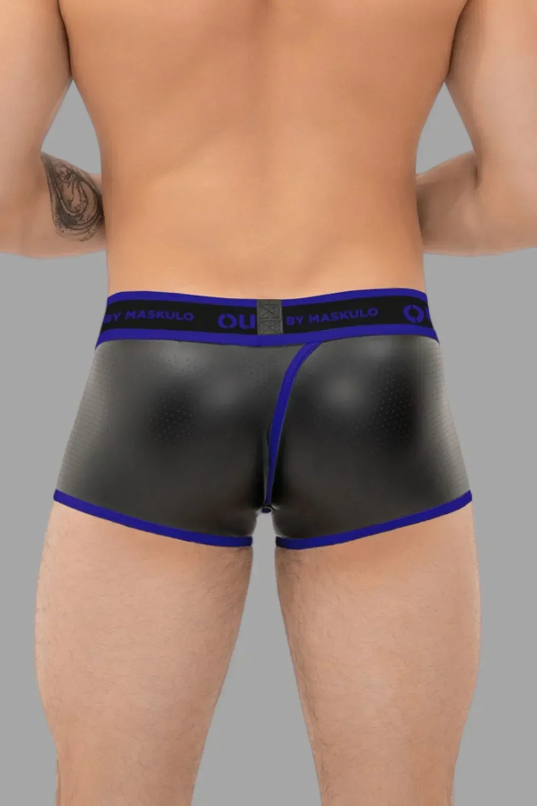 Outtox by Maskulo. Wrapped Rear Trunk Shorts with Snap Codpiece. Blue