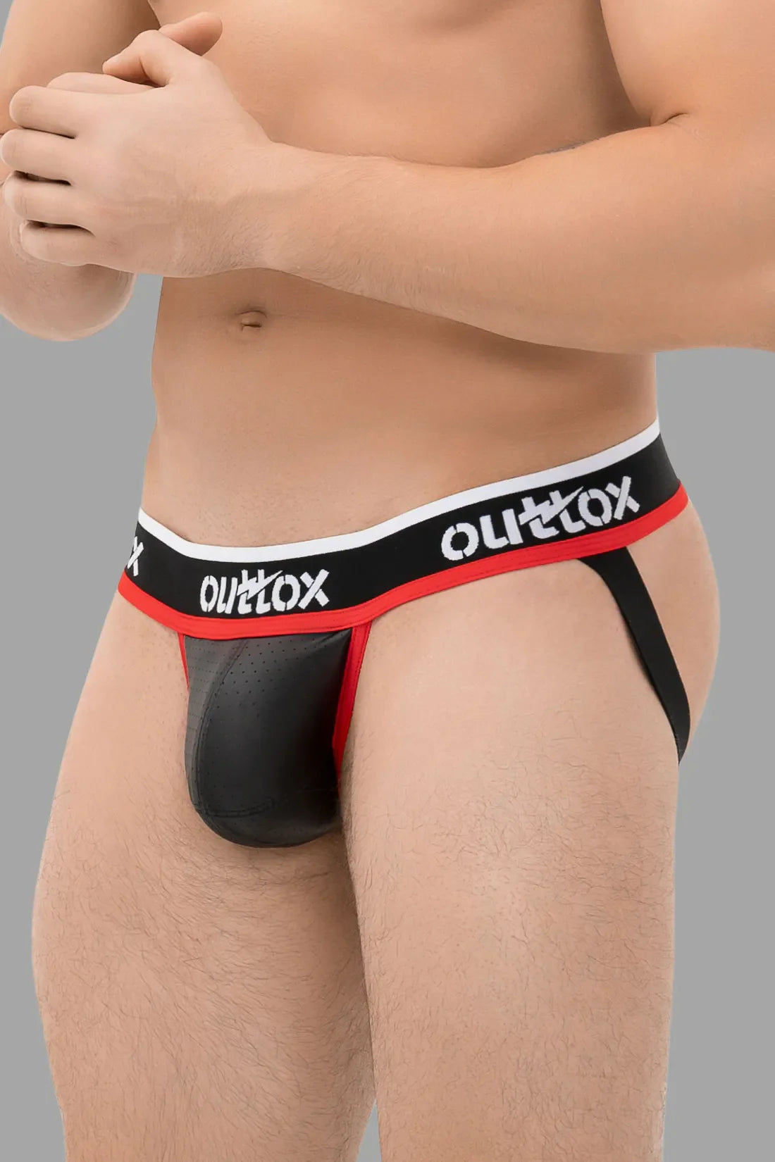 Outtox. Jock com Snap Codpiece. Preto e Vermelho