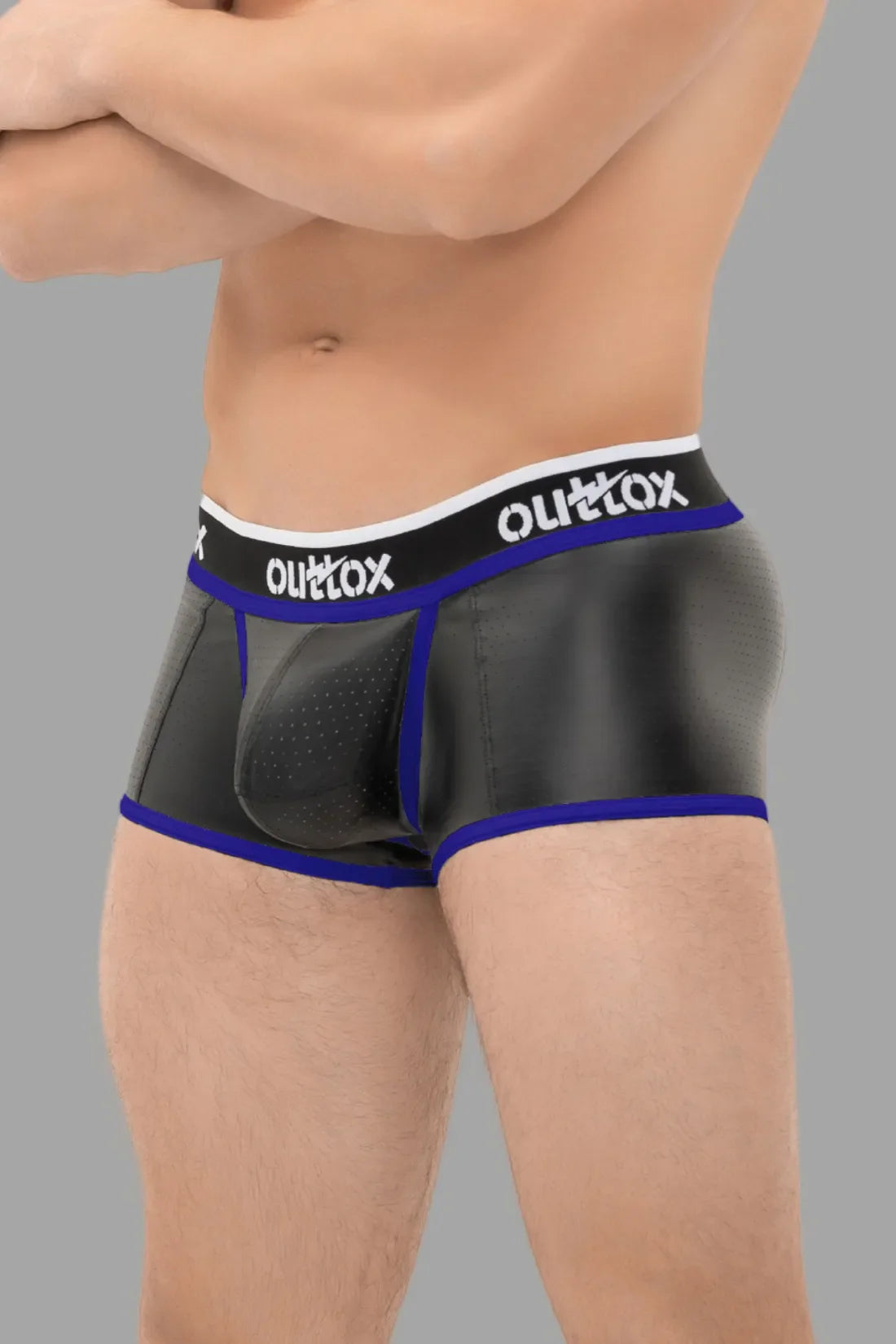 Outtox. Open Rear Trunk Shorts with Snap Codpiece. Black & Blue 'Royal'