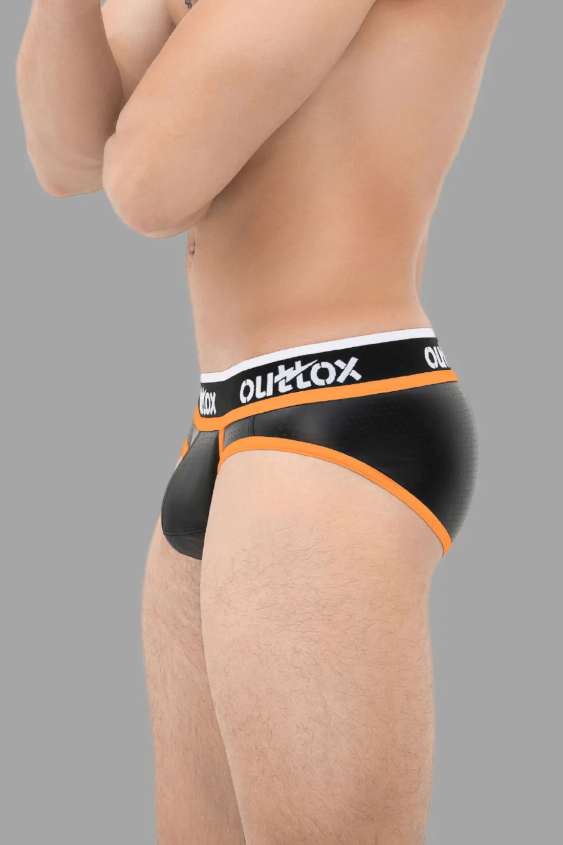 Outtox. Wrapped Rear Briefs with Snap Codpiece. Black & Orange