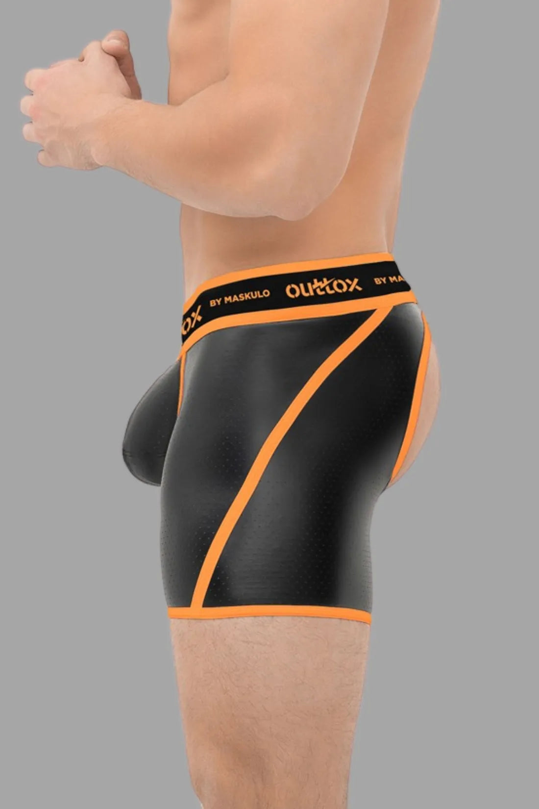 Outtox by Maskulo. Open Rear Shorts with Snap Codpiece. Black & Orange