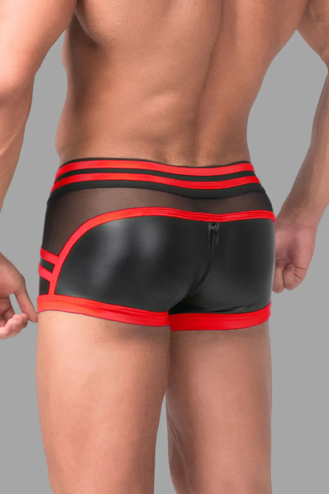 Youngero Generation Y. Men's Trunk Shorts. Codpiece. Zippered Rear. Black & Red