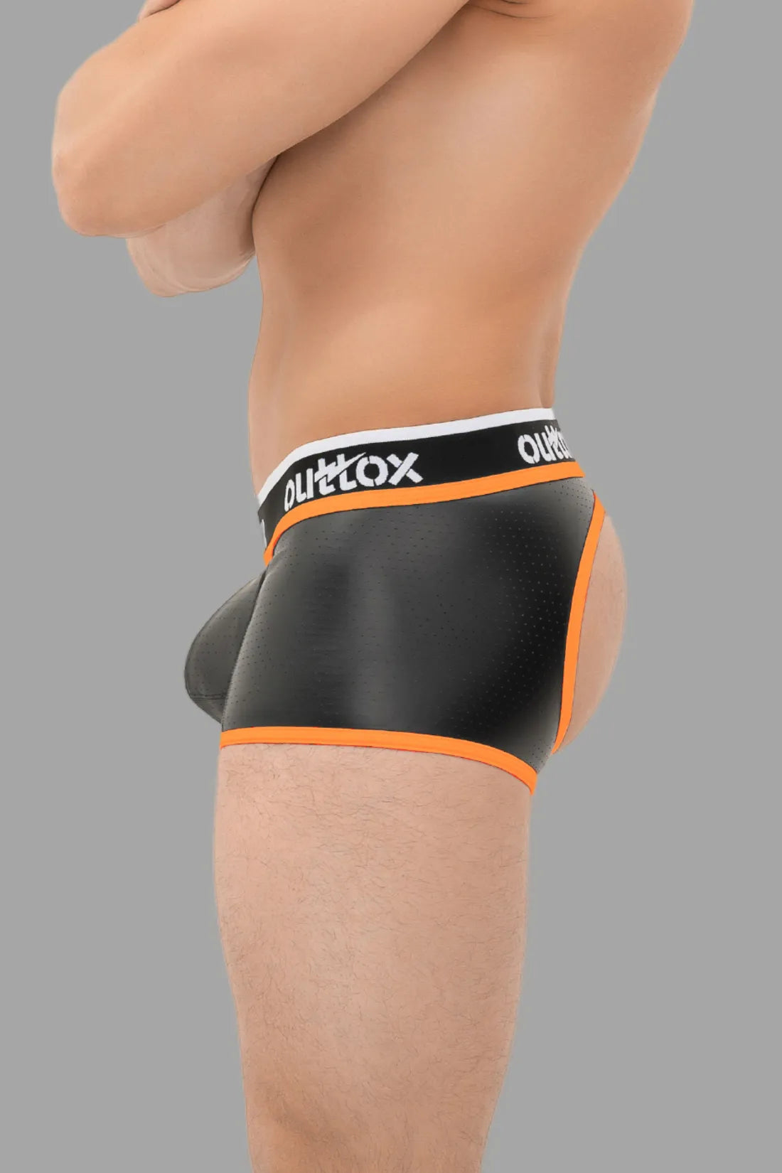 Outtox. Open Rear Trunk Shorts with Snap Codpiece. Black & Orange