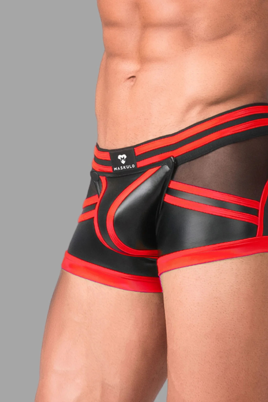 Youngero Generation Y. Men's Trunk Shorts. Codpiece. Zippered Rear. Black & Red