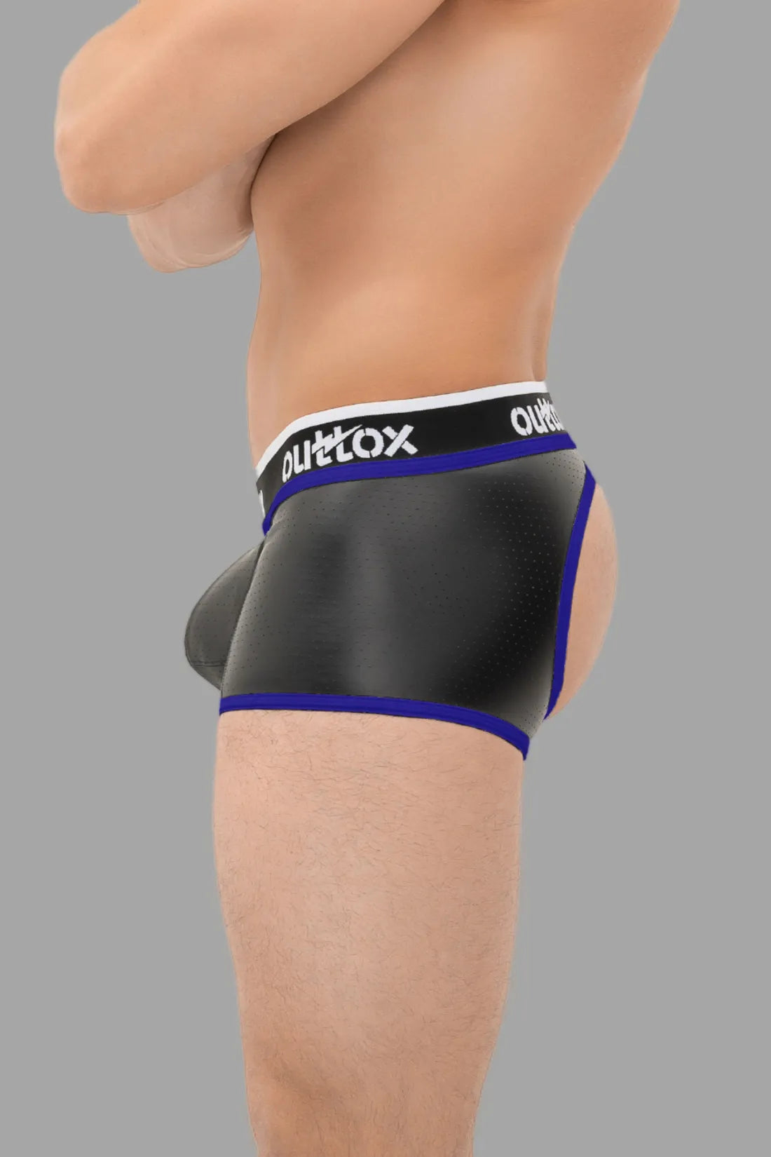 Outtox. Open Rear Trunk Shorts with Snap Codpiece. Black & Blue 'Royal'