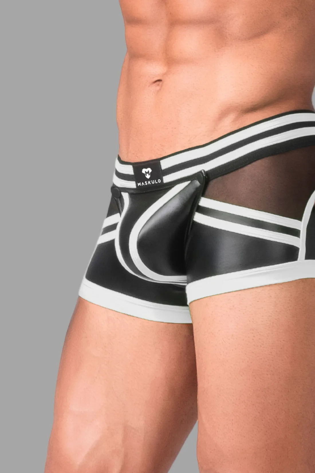 Youngero Generation Y. Men's Trunk Shorts. Codpiece. Zippered Rear. Black & White 'Neon'