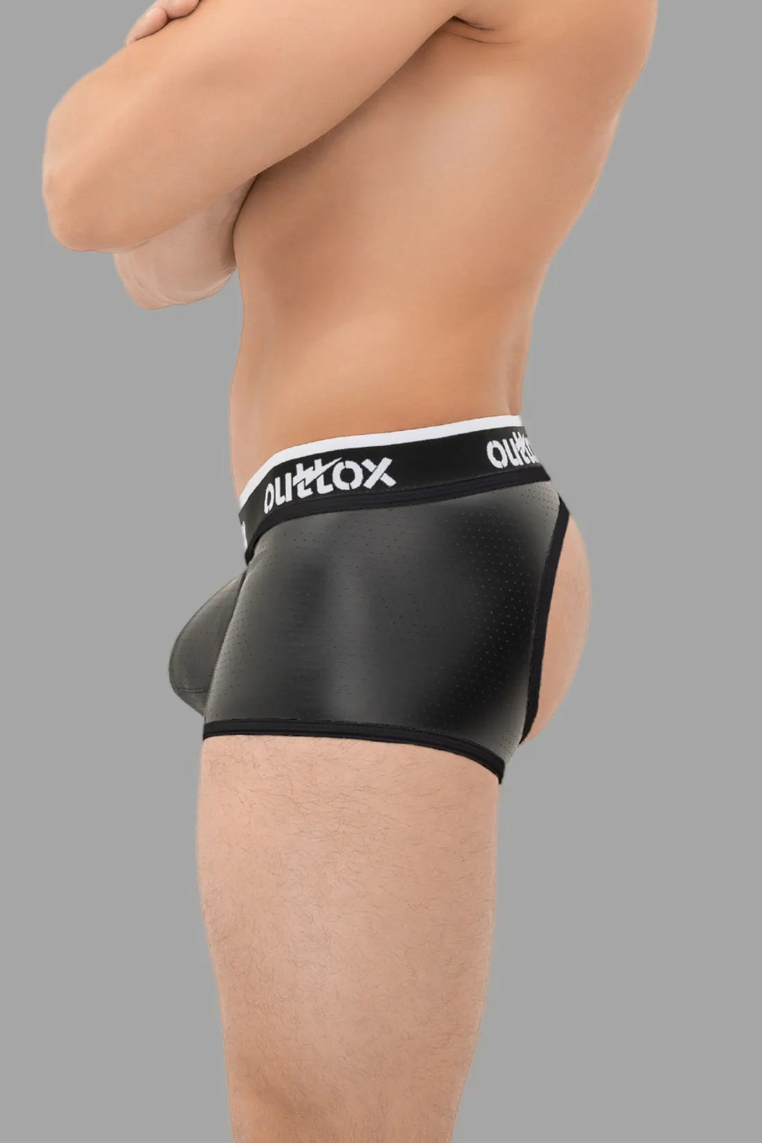 Outtox. Open Rear Trunk Shorts with Snap Codpiece. Black