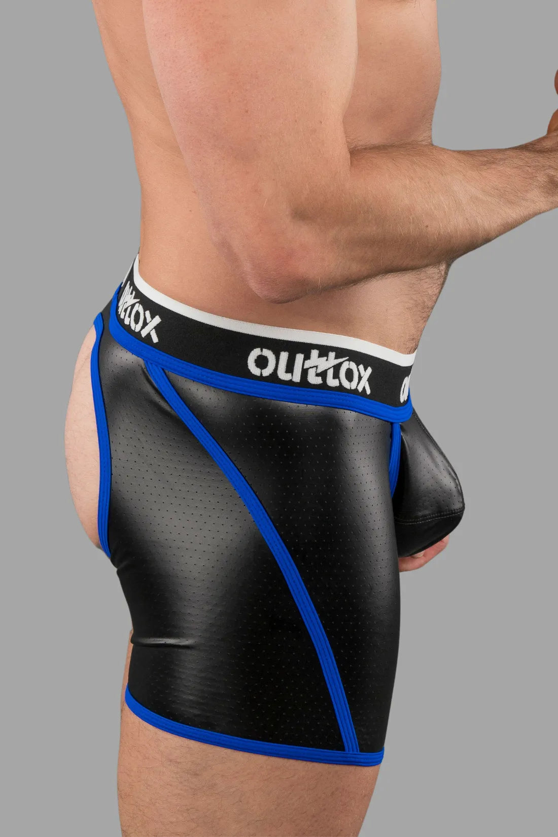 Outtox. Shorts traseiros abertos com tapa-sexo de pressão. Azul